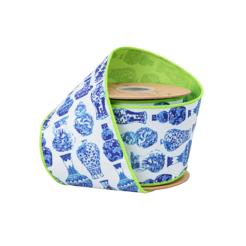 Blue & White Chinoiserie Ribbon with Green Backing – 4” Wired Dupioni, 10 Yard Roll