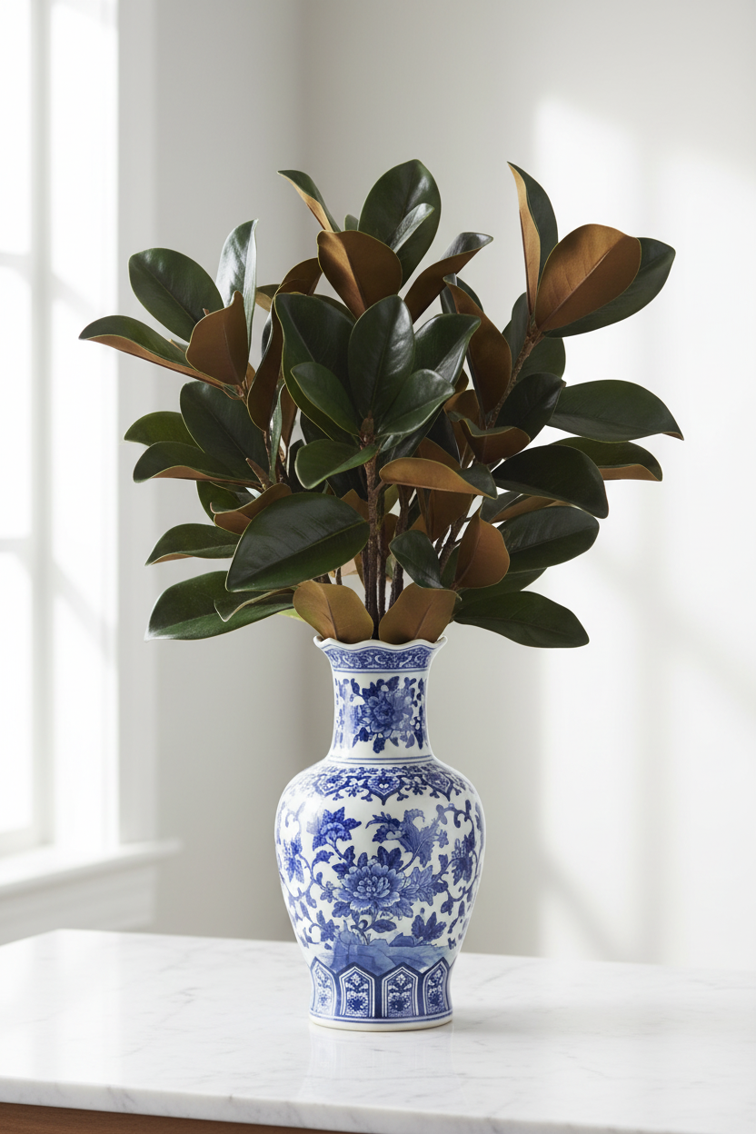 Magnolia Leaves in Blue and White Vase