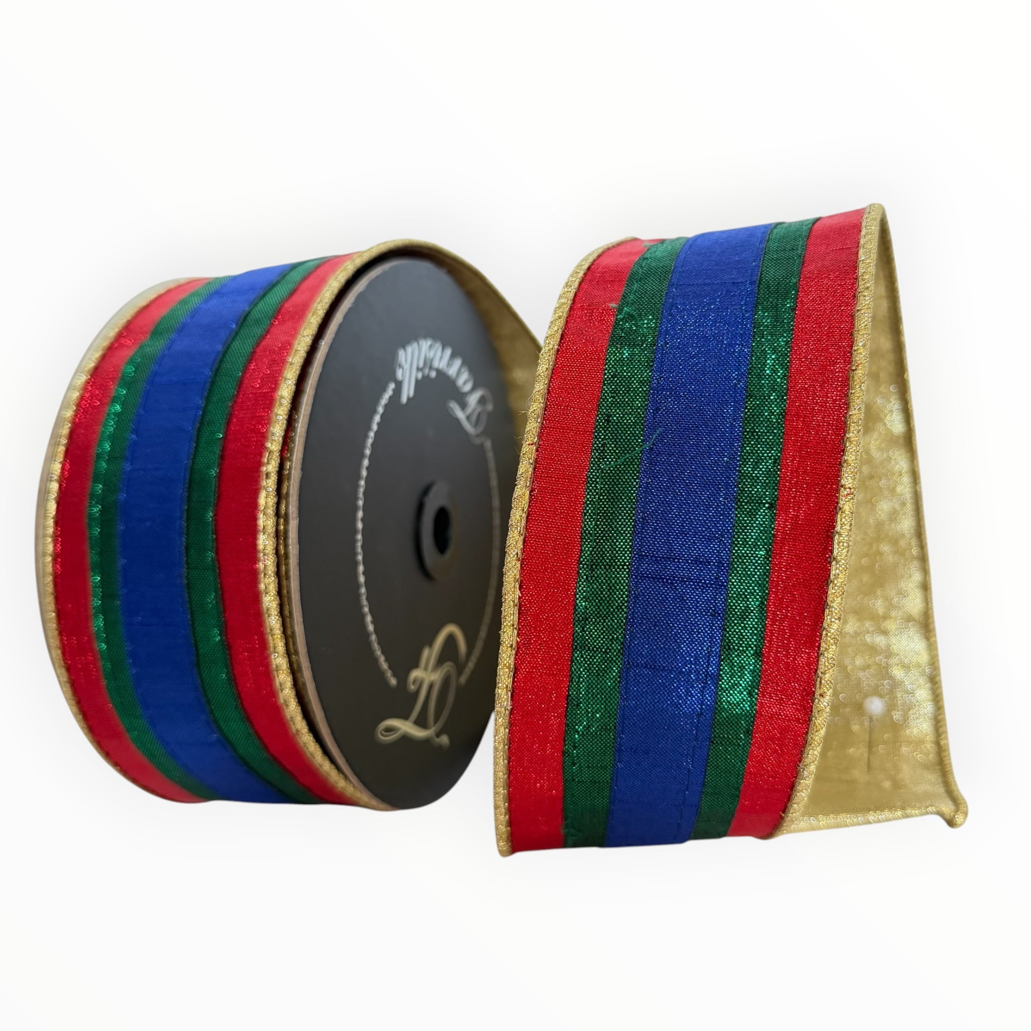 Multicolor Striped Christmas Wired Ribbon with Gold Reverse