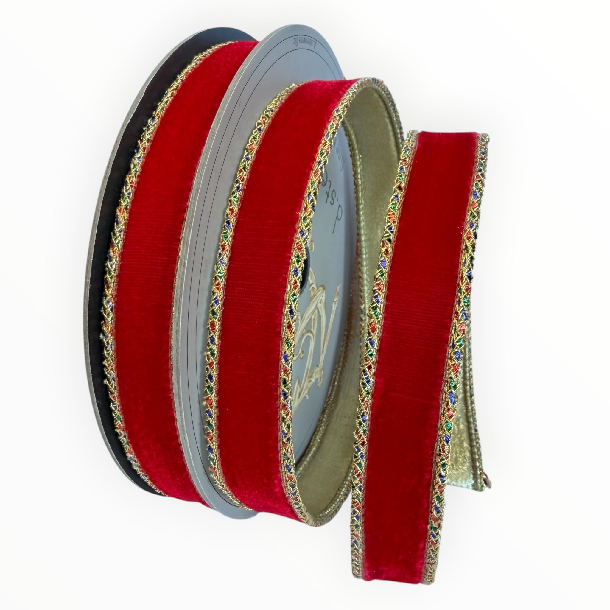 Red Velvet Ribbon with Gold Back & Multicolor Jewel Edge