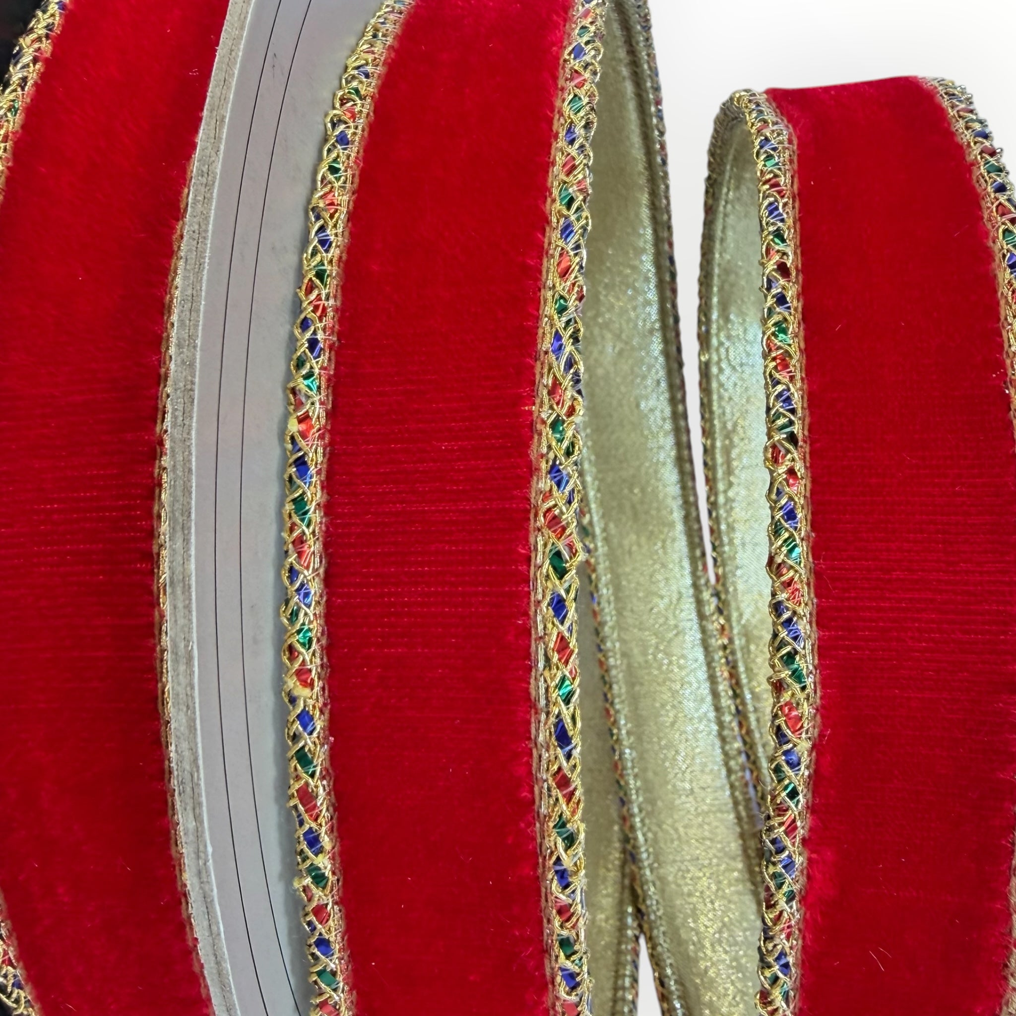 Red Velvet Ribbon with Gold Back & Multicolor Jewel Edge