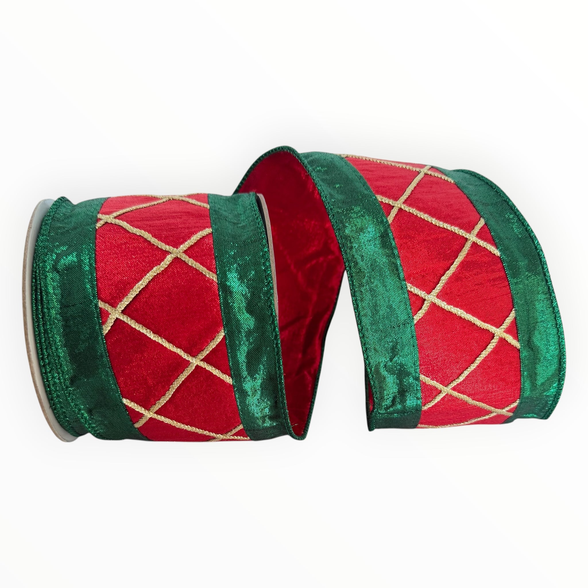Red Green Christmas Wired Ribbon with Gold Lattice | Farrisilk Ribbon | 4" X 10 yards