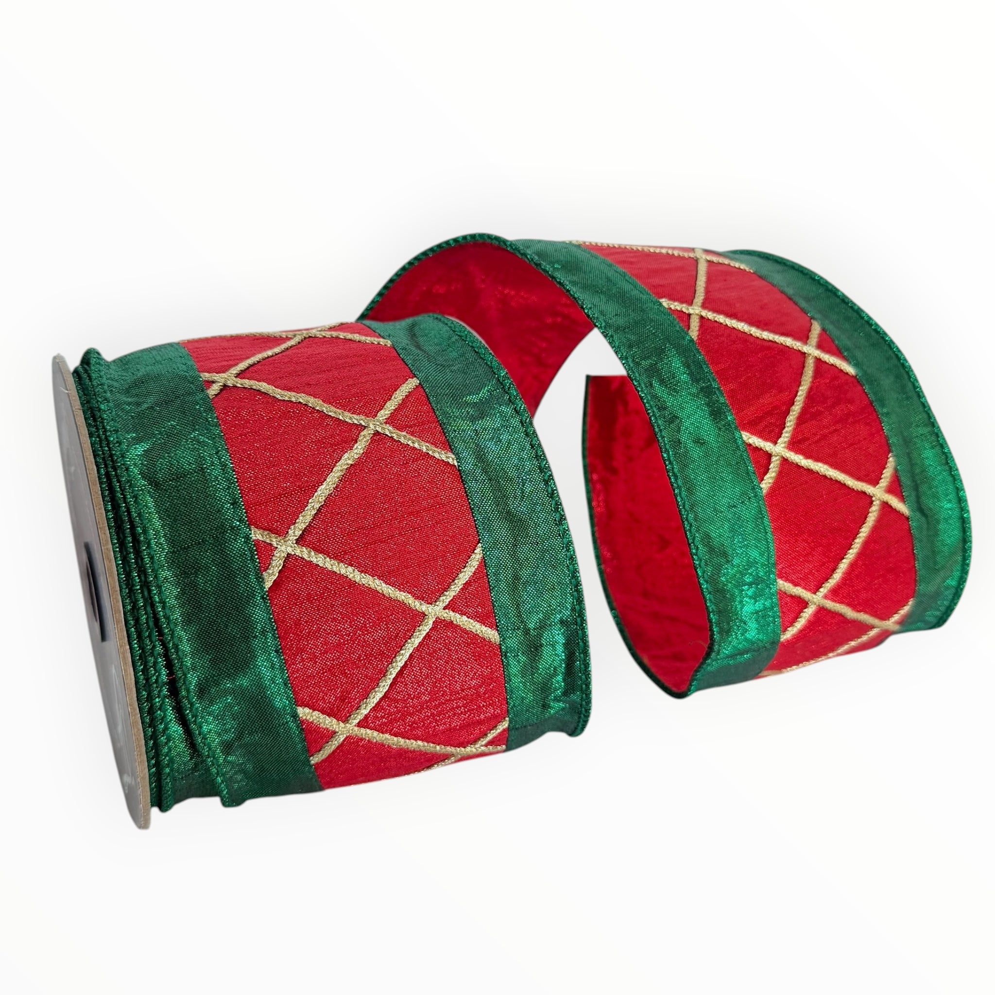Red Green Christmas Wired Ribbon with Gold Lattice | Farrisilk Ribbon | 4" X 10 yards