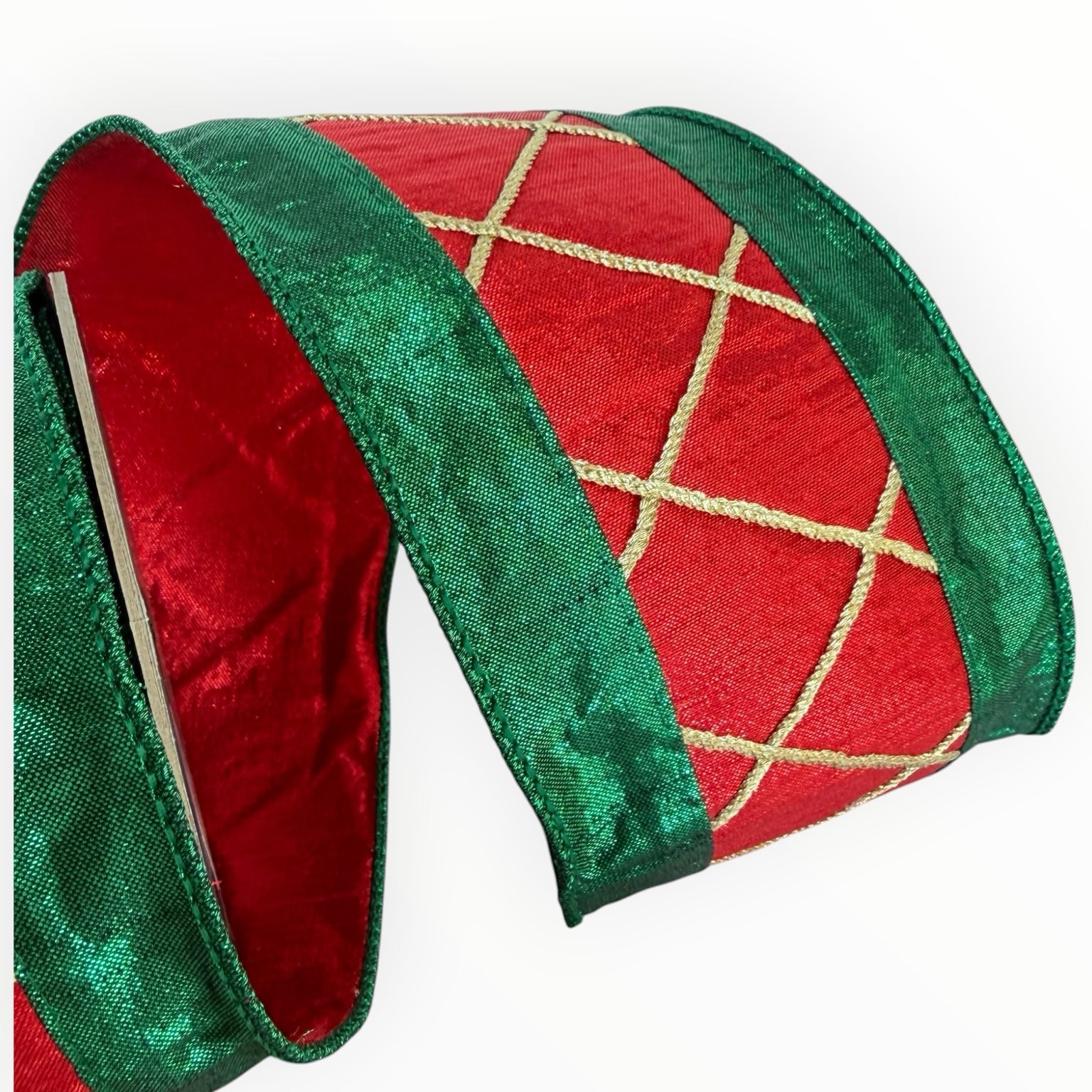 Red Green Christmas Wired Ribbon with Gold Lattice | Farrisilk Ribbon | 4" X 10 yards