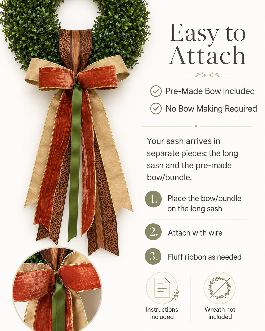 Luxury Fall Wreath Sash with Leopard Print Rust Velvet Gold & Olive Ribbon