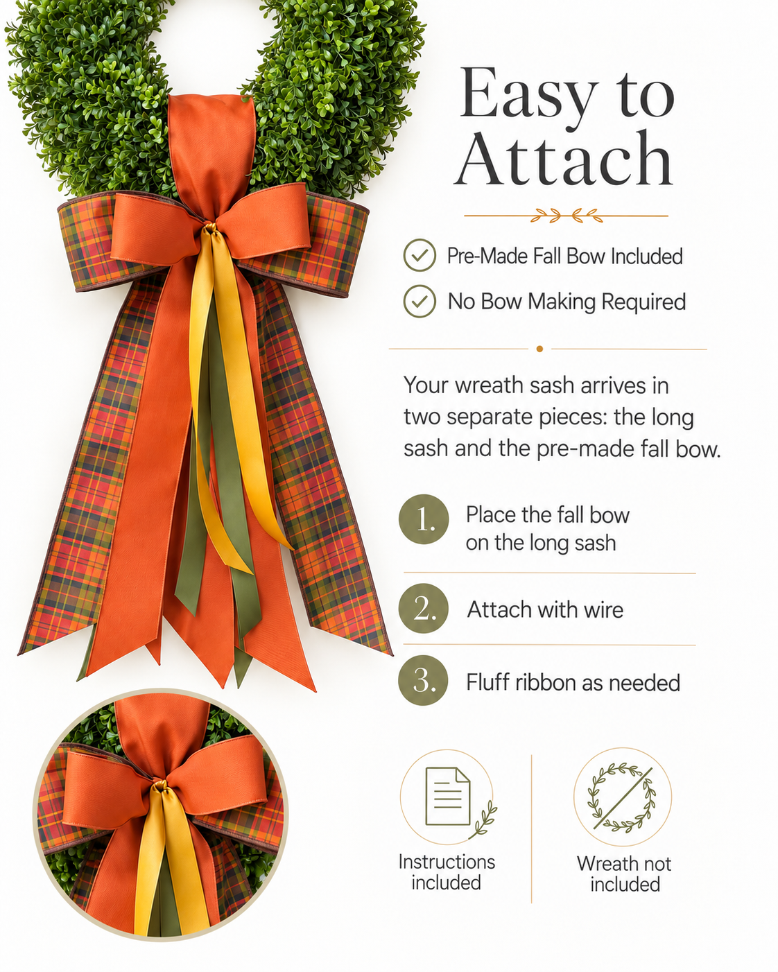 Fall Wreath Sash with Orange Plaid Bow