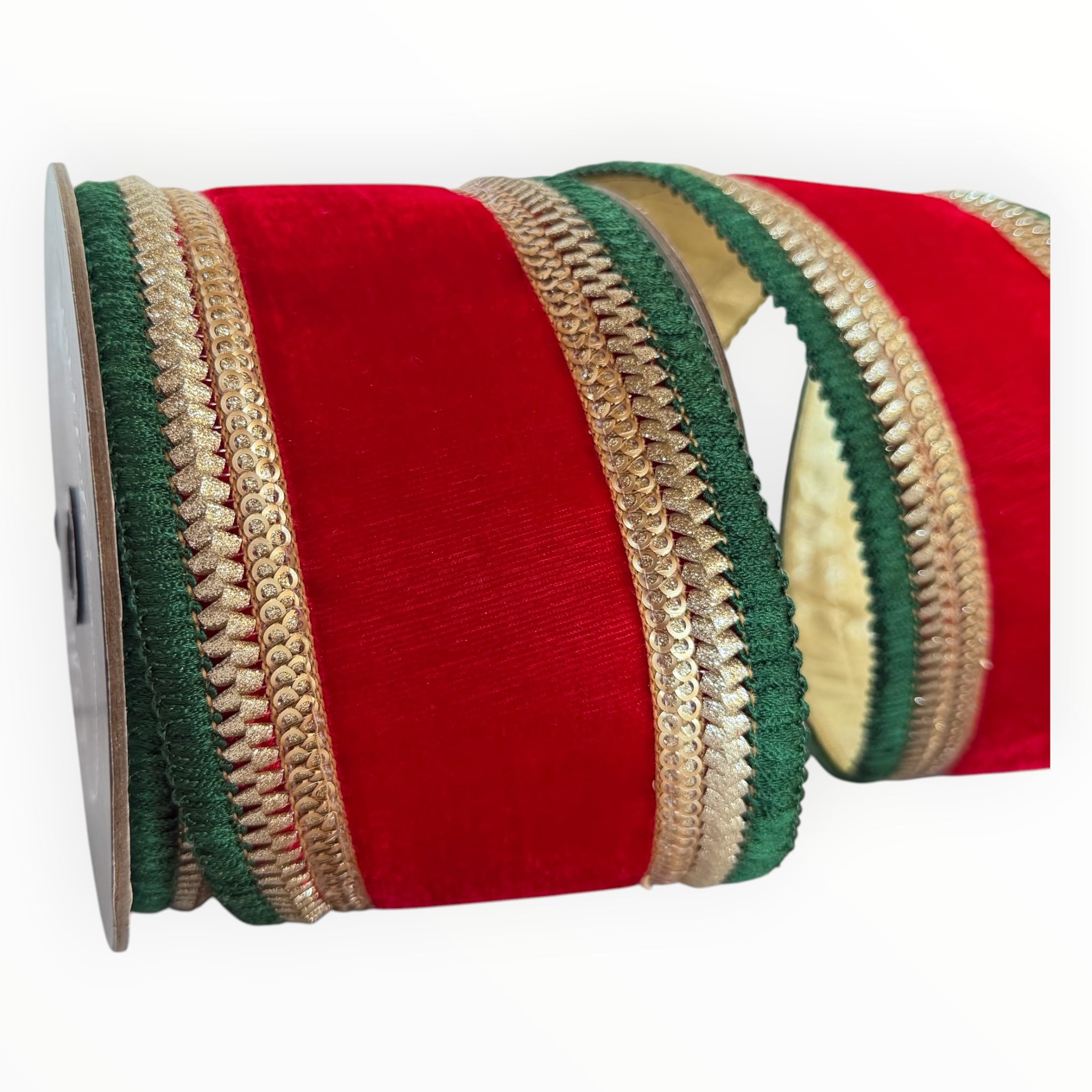 Red Velvet Christmas Ribbon Gold & Green Wired Ribbon by Farrisilk