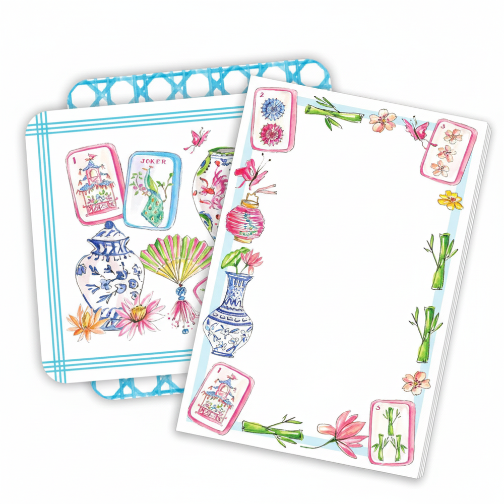 Chinoiserie Mahjong Notepad, Blue & Pink Icon Border, Hostess Gift