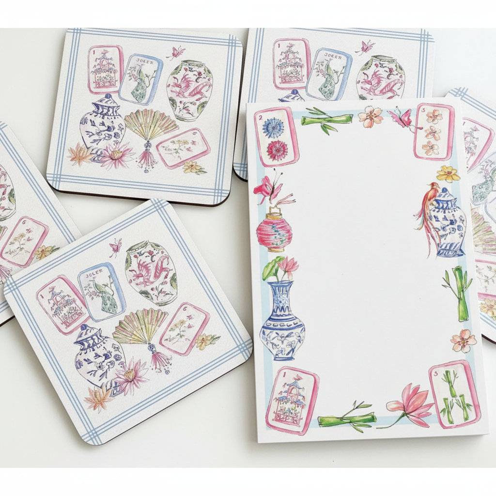 Close-up Mahjong Coasters and Notepad No Glass