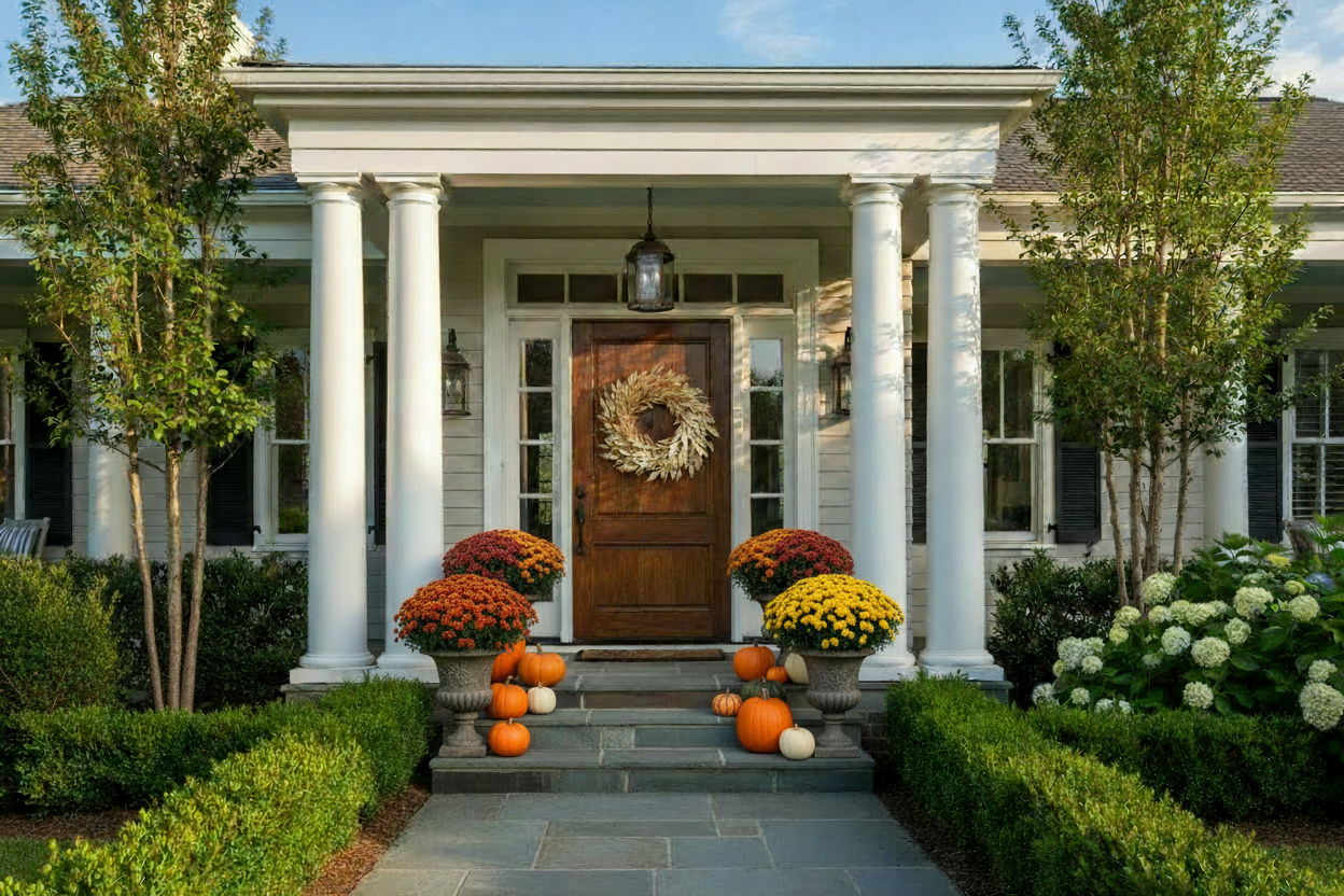 Gold Bay Leaf Wreath with Mums in Urns and Pumpkins