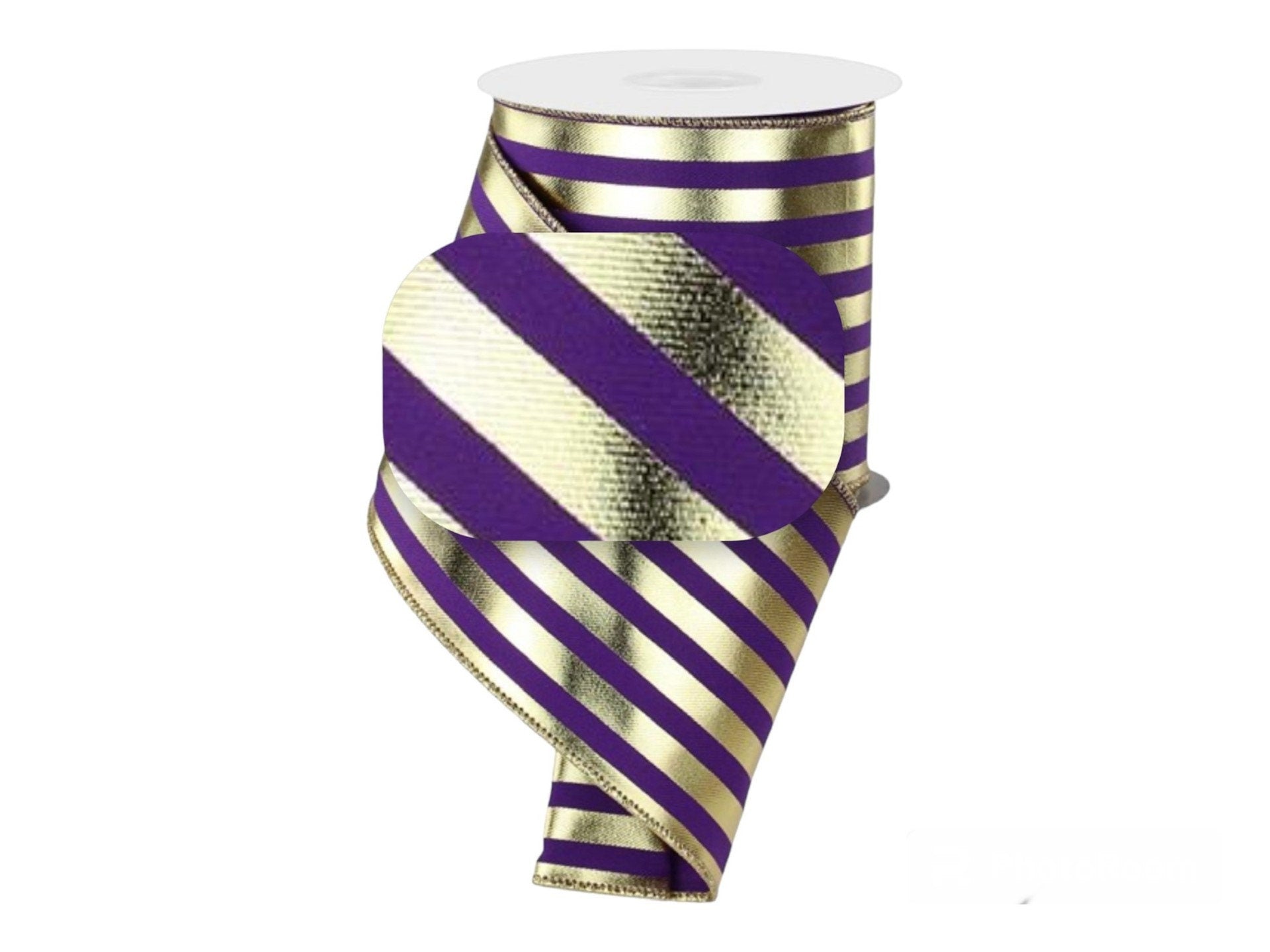 Purple Gold Metallic Stripe Wired Edge Ribbon Christmas Ribbon Fall Ribbon Vertical Stripe Ribbon for Bows Wreaths Holiday Decor Bow Making