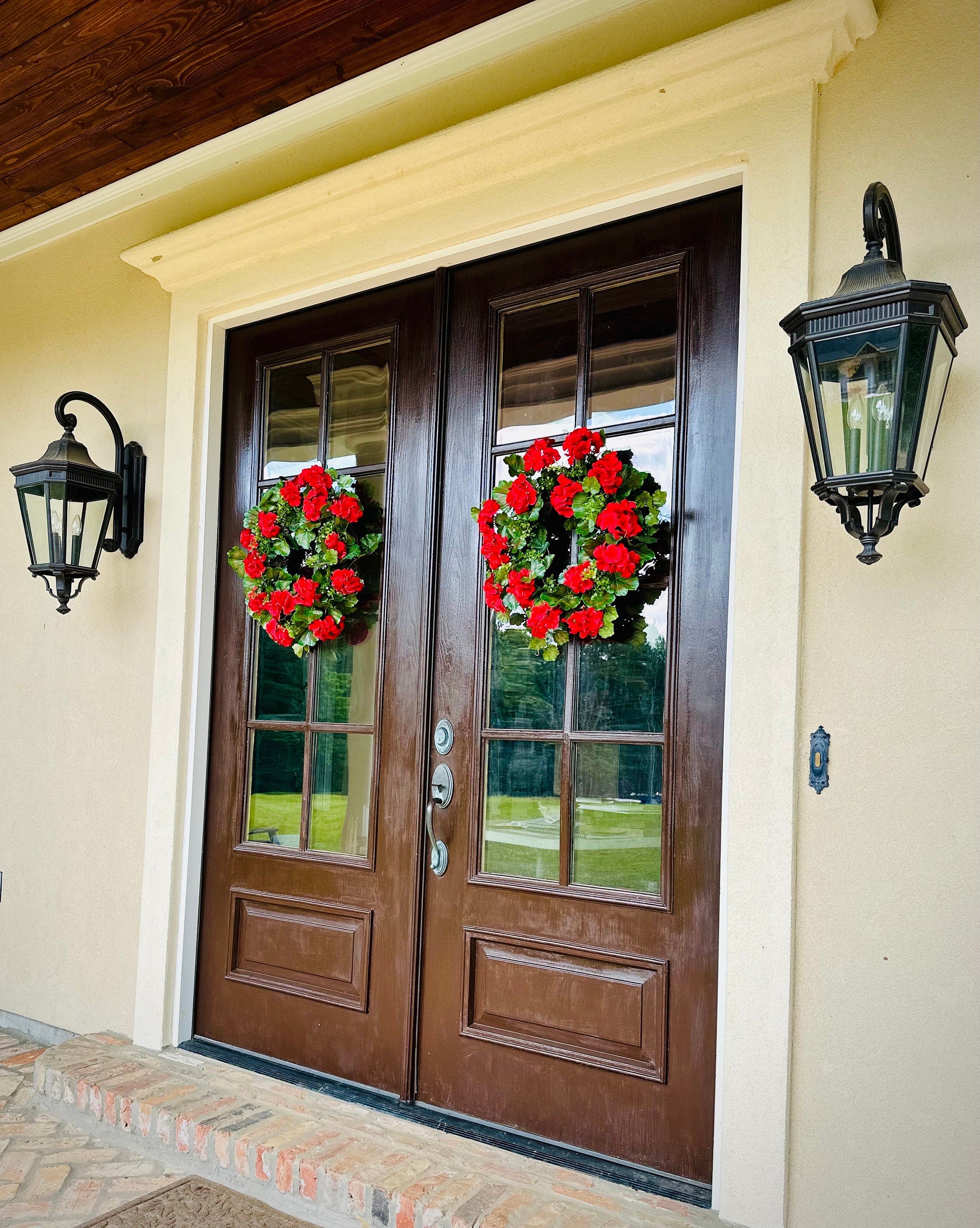Geranium Wreath Decor for Front Door Summer Wreath 4th of July Wreath Faux Wreath Red Geranium Wreath Spring Wreath Mothers Day Gift
