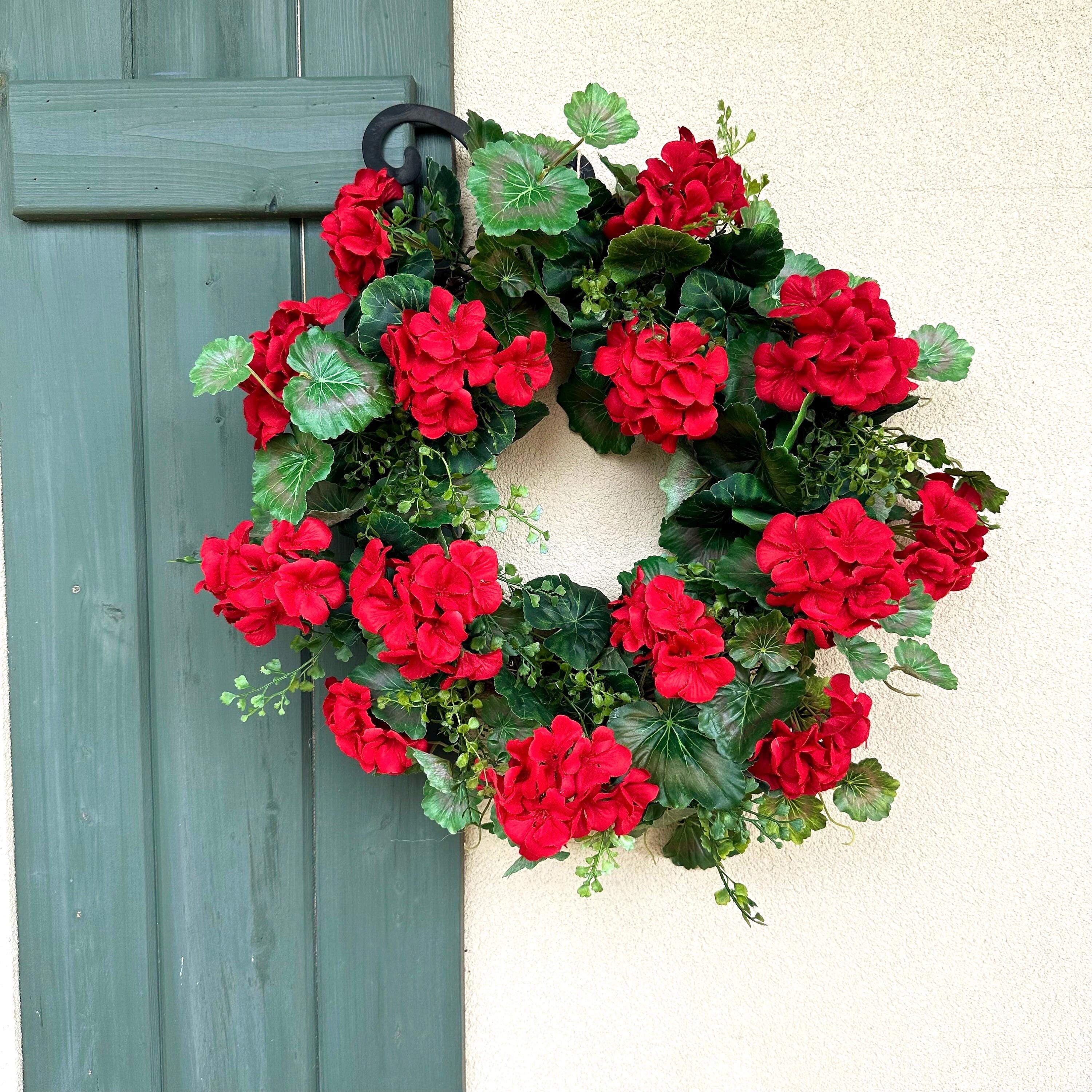 Geranium Wreath Decor for Front Door Summer Wreath 4th of July Wreath Faux Wreath Red Geranium Wreath Spring Wreath Mothers Day Gift