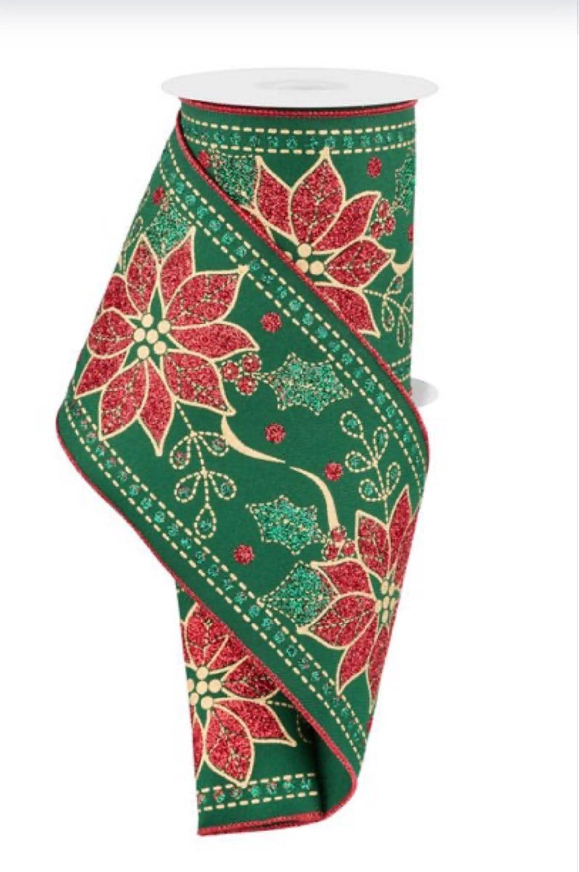 Christmas Ribbon, Glitter Poinsettia Wired Ribbon, Holiday Ribbon for Wreaths, Christmas Tree Ribbon, Gift Wrapping, Red Ribbon