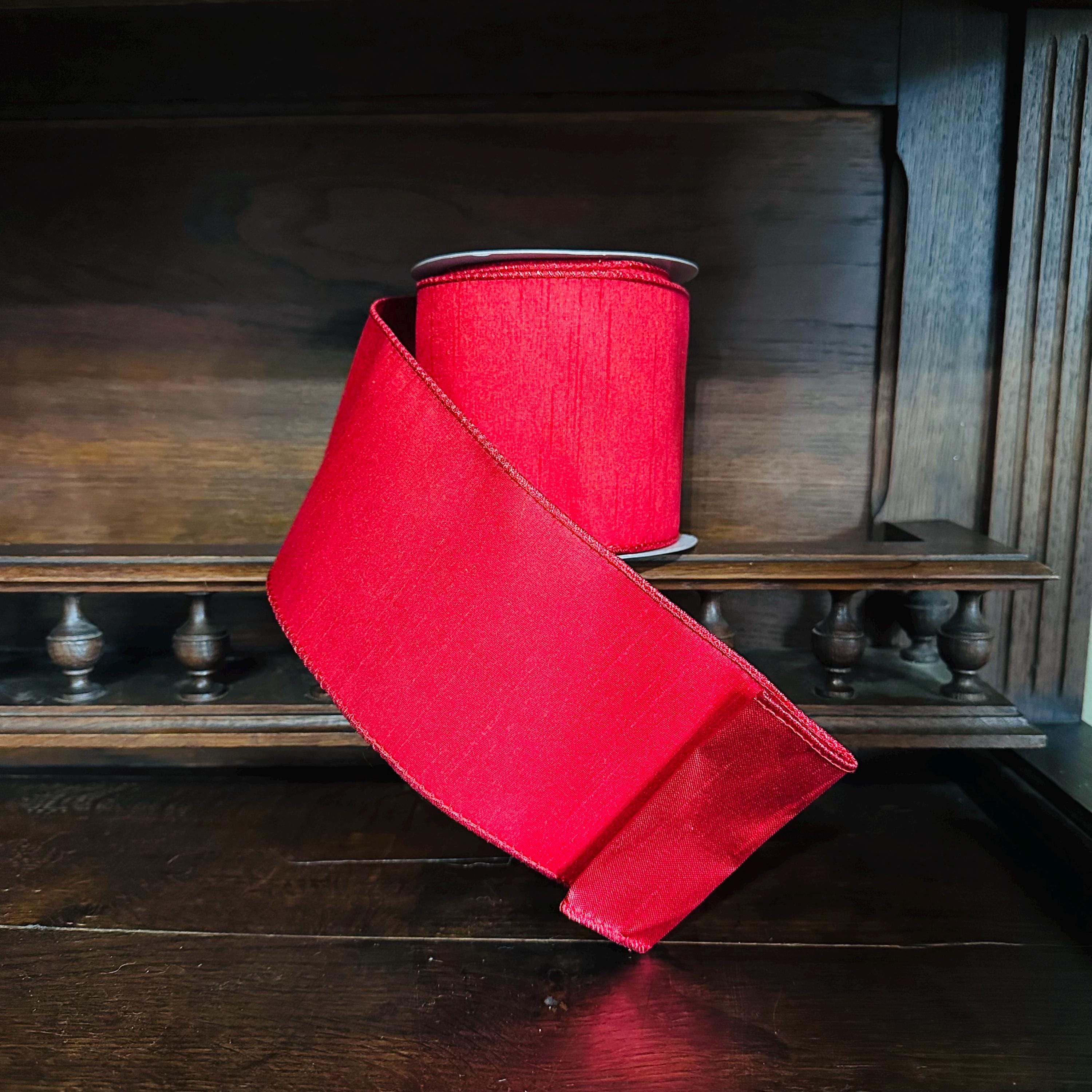 Red Christmas Wired Ribbon, Metallic Edge Ribbon, Luxury Ribbon for Wreaths & Christmas Decor