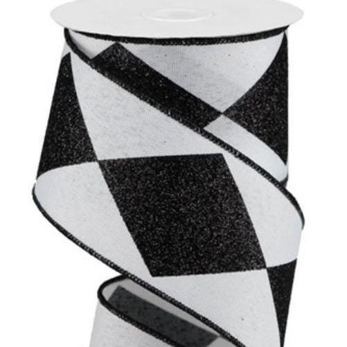 Harlequin Glitter Ribbon Wide Polyester Material Black White Diamond Pattern Sparkle Accent Wired Edge Trim Premium Wreath Making Supply Holiday Project Essential Craft Material Collection Beautiful Design Elements Professional Quality