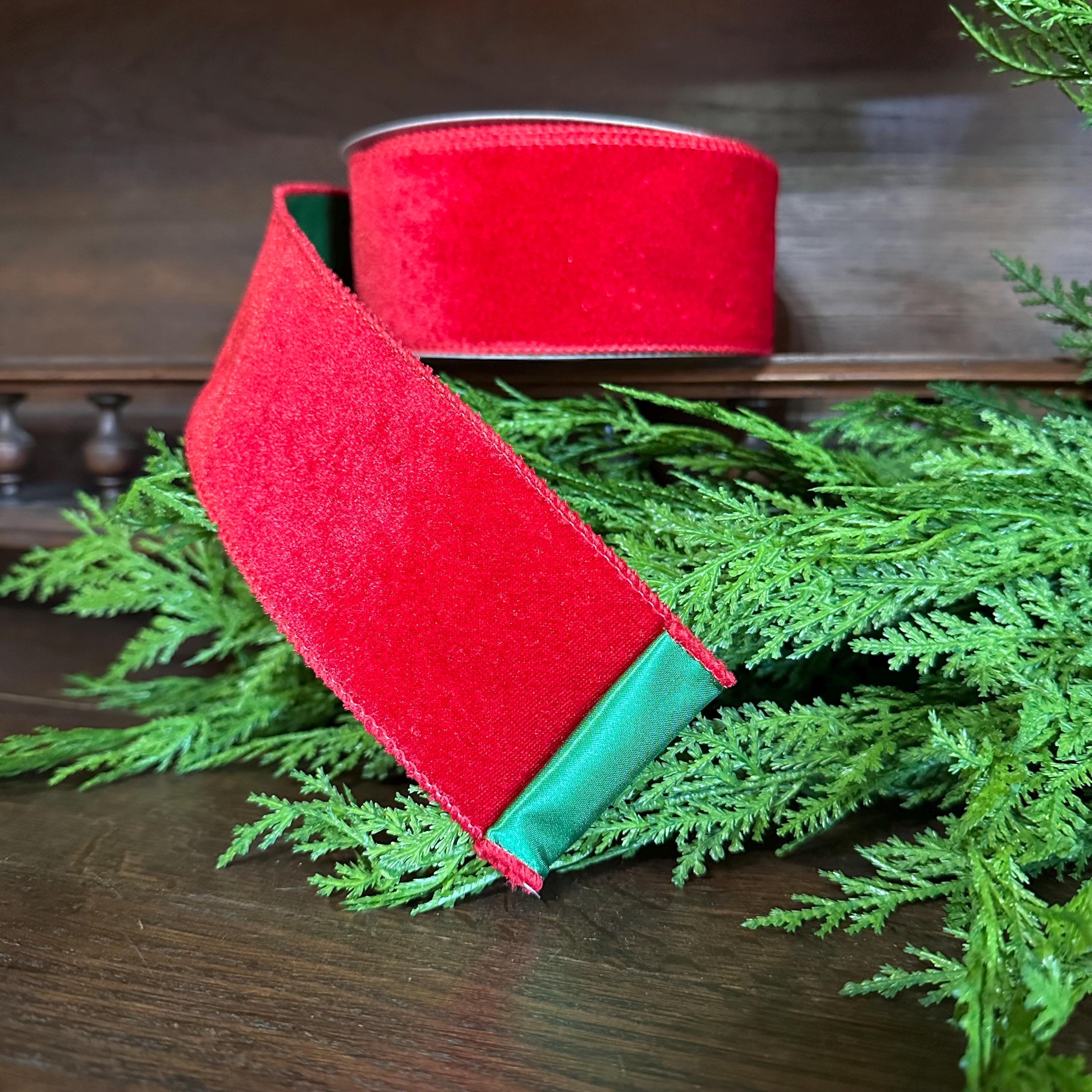 Christmas Ribbon, Red Velvet Wired Ribbon, Double Sided Ribbon, Green Satin Back Ribbon, Wreath Ribbon, Christmas Tree Ribbon