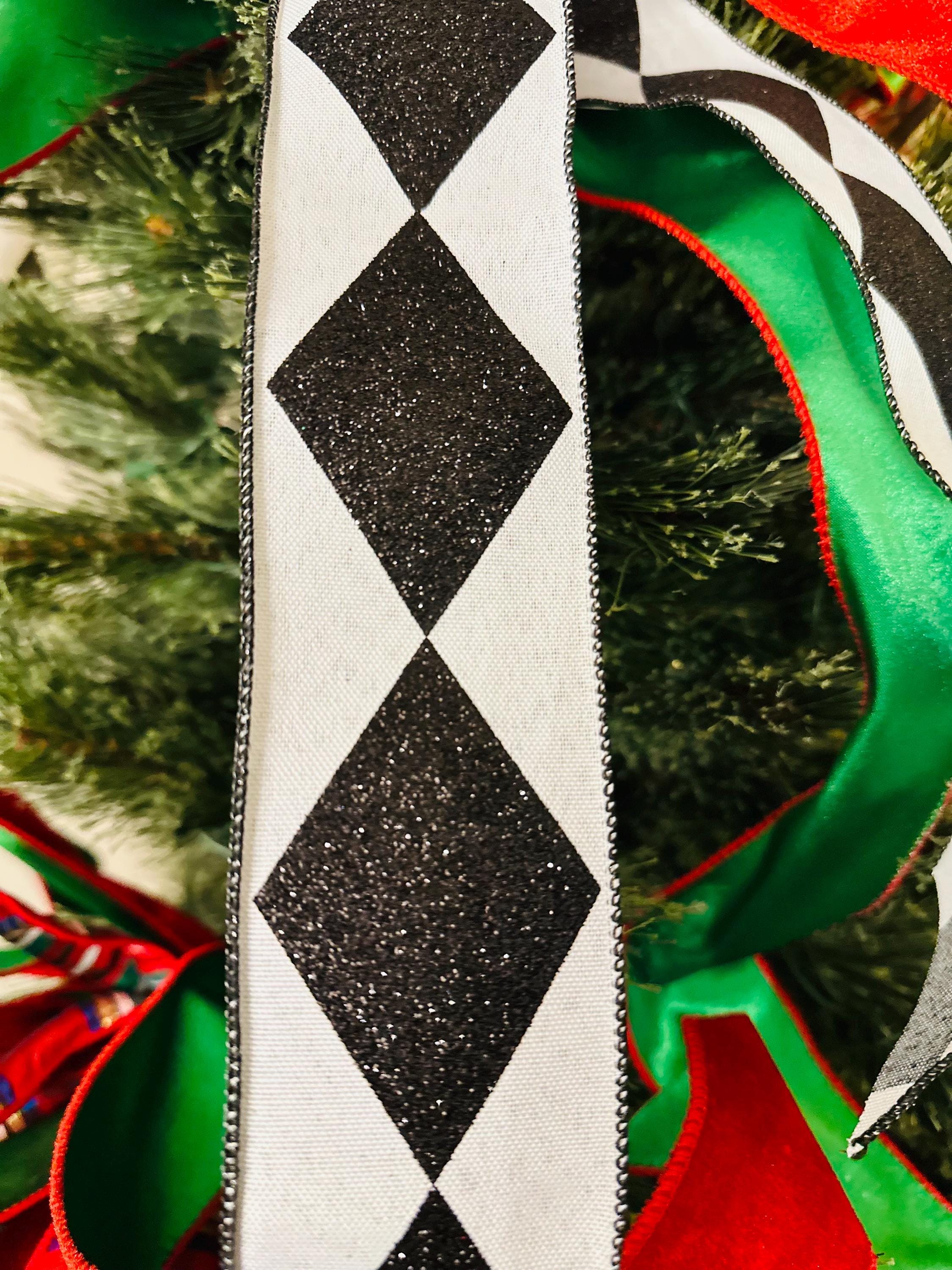 Harlequin Glitter Ribbon Craft Supply for Wreath Making Material Pattern Design Holiday Decor Accent Piece Black Diamond Edge Trim Craft