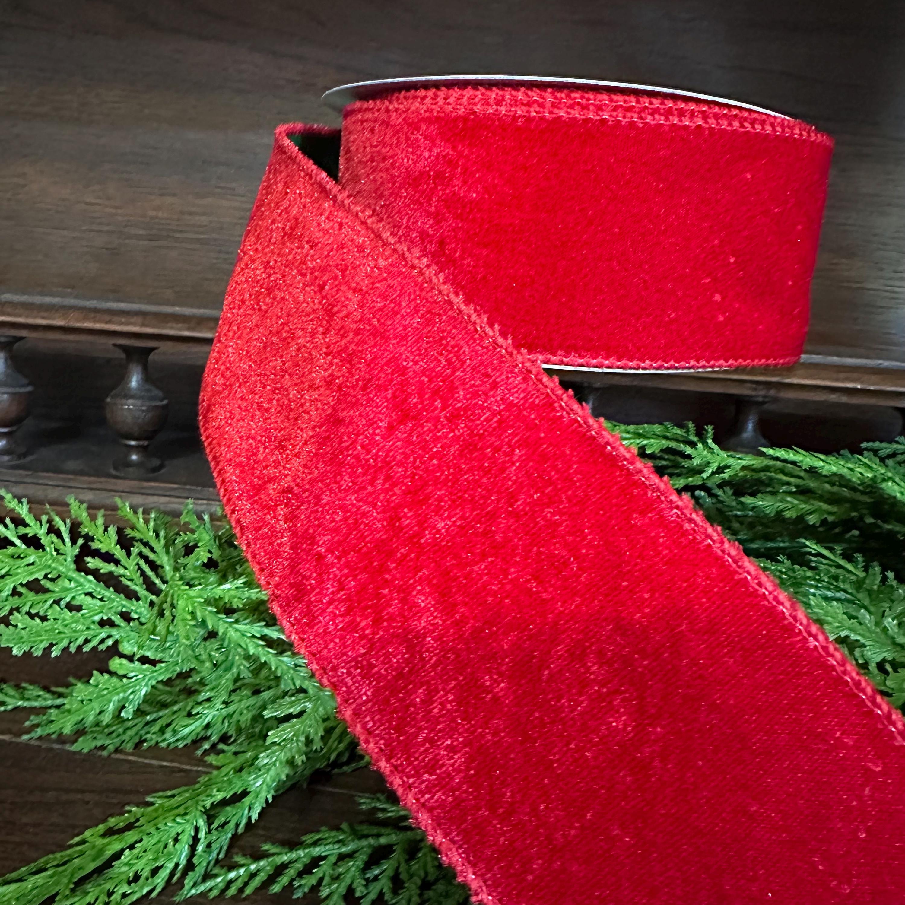 Christmas Ribbon, Red Velvet Wired Ribbon, Double Sided Ribbon, Green Satin Back Ribbon, Wreath Ribbon, Christmas Tree Ribbon
