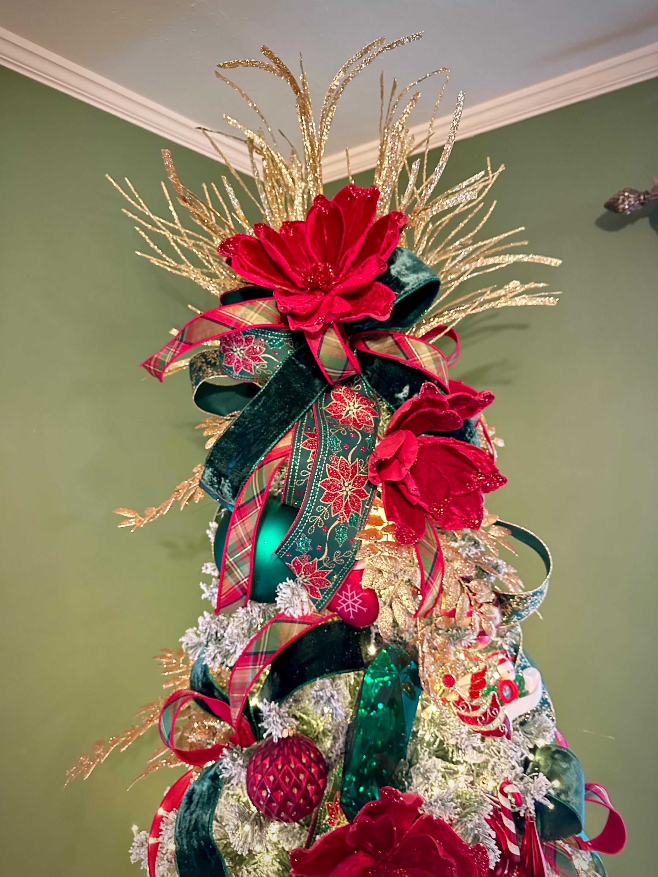 Christmas Ribbon, Glitter Poinsettia Wired Ribbon, Holiday Ribbon for Wreaths, Christmas Tree Ribbon, Gift Wrapping, Red Ribbon