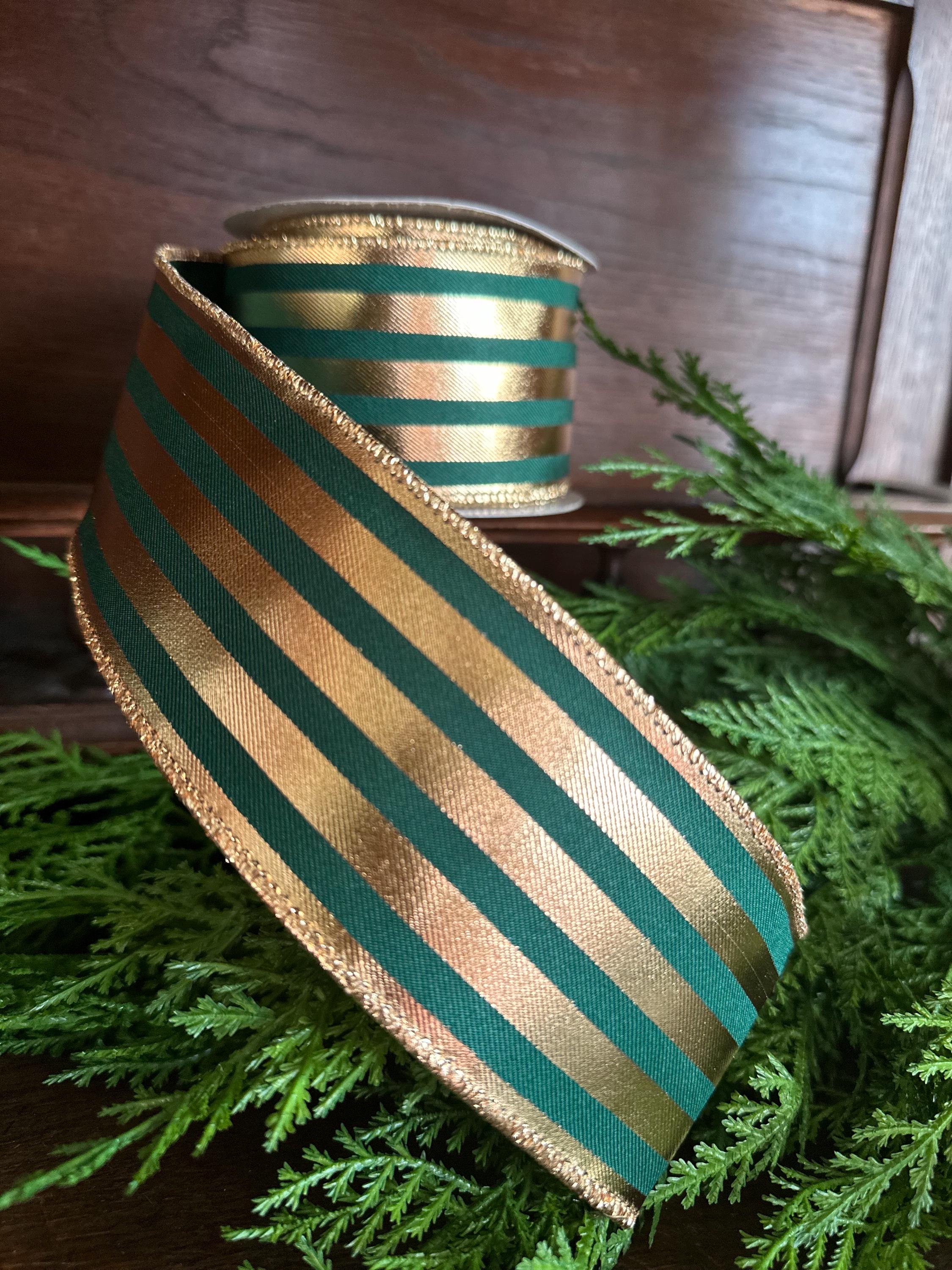 Green and Gold Striped Ribbon Christmas Ribbon Wired Edge ribbon Wreath Ribbon Floral Arrangement Ribbon Gift Wrapping Holiday Decor