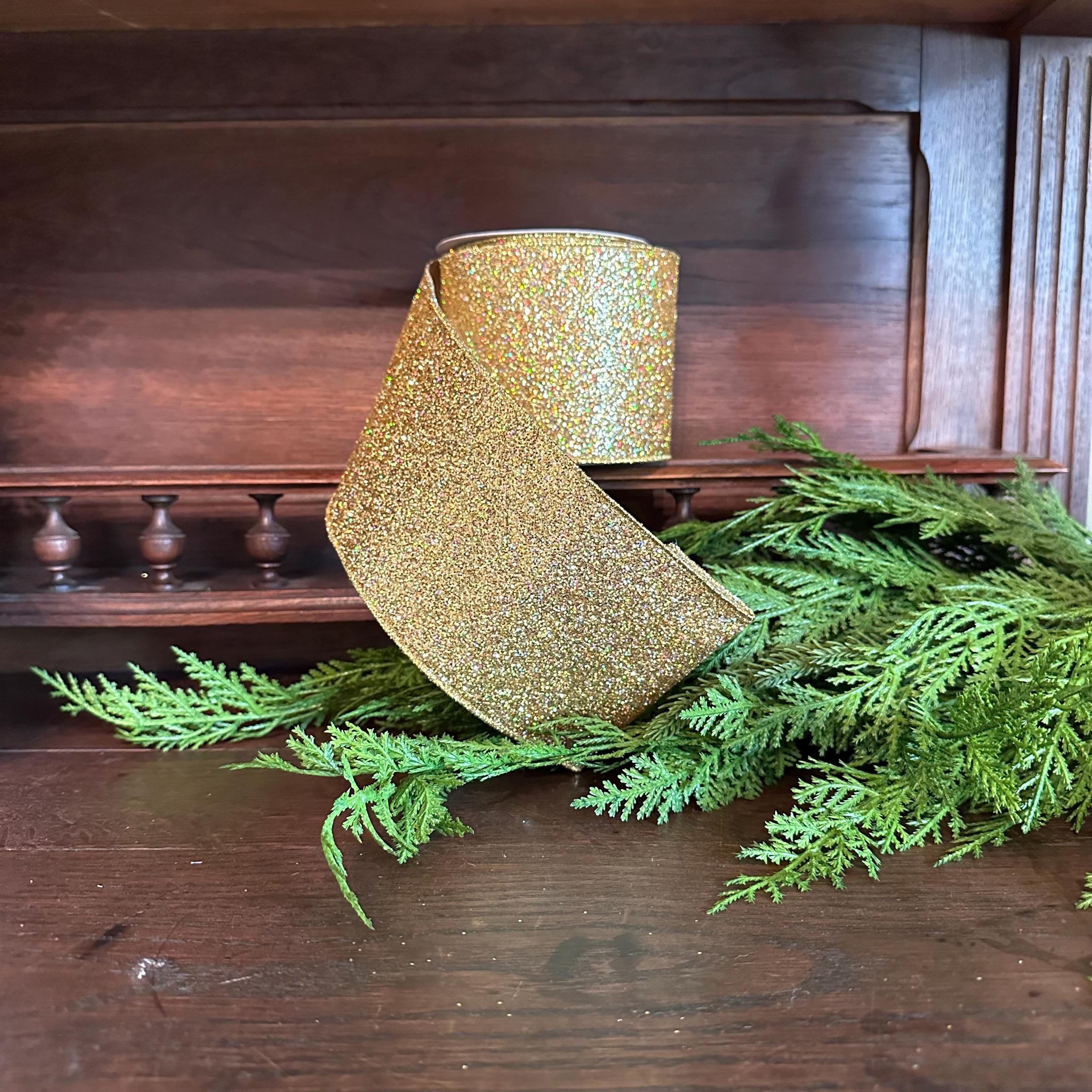 Gold Glitter Ribbon with Gold Edge Wired Ribbon for Christmas Ribbon Mardi Gras Holiday Decor Wreath Ribbon Christmas Gift Wrapping
