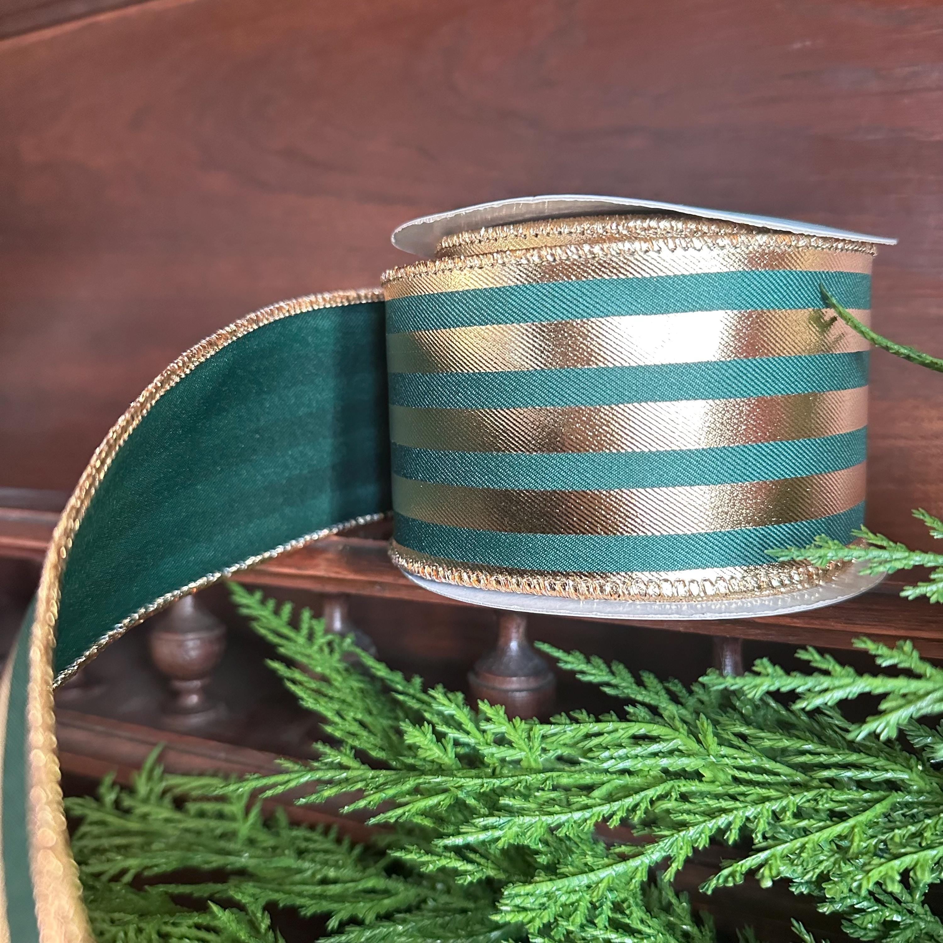 Green and Gold Striped Ribbon Christmas Ribbon Wired Edge ribbon Wreath Ribbon Floral Arrangement Ribbon Gift Wrapping Holiday Decor