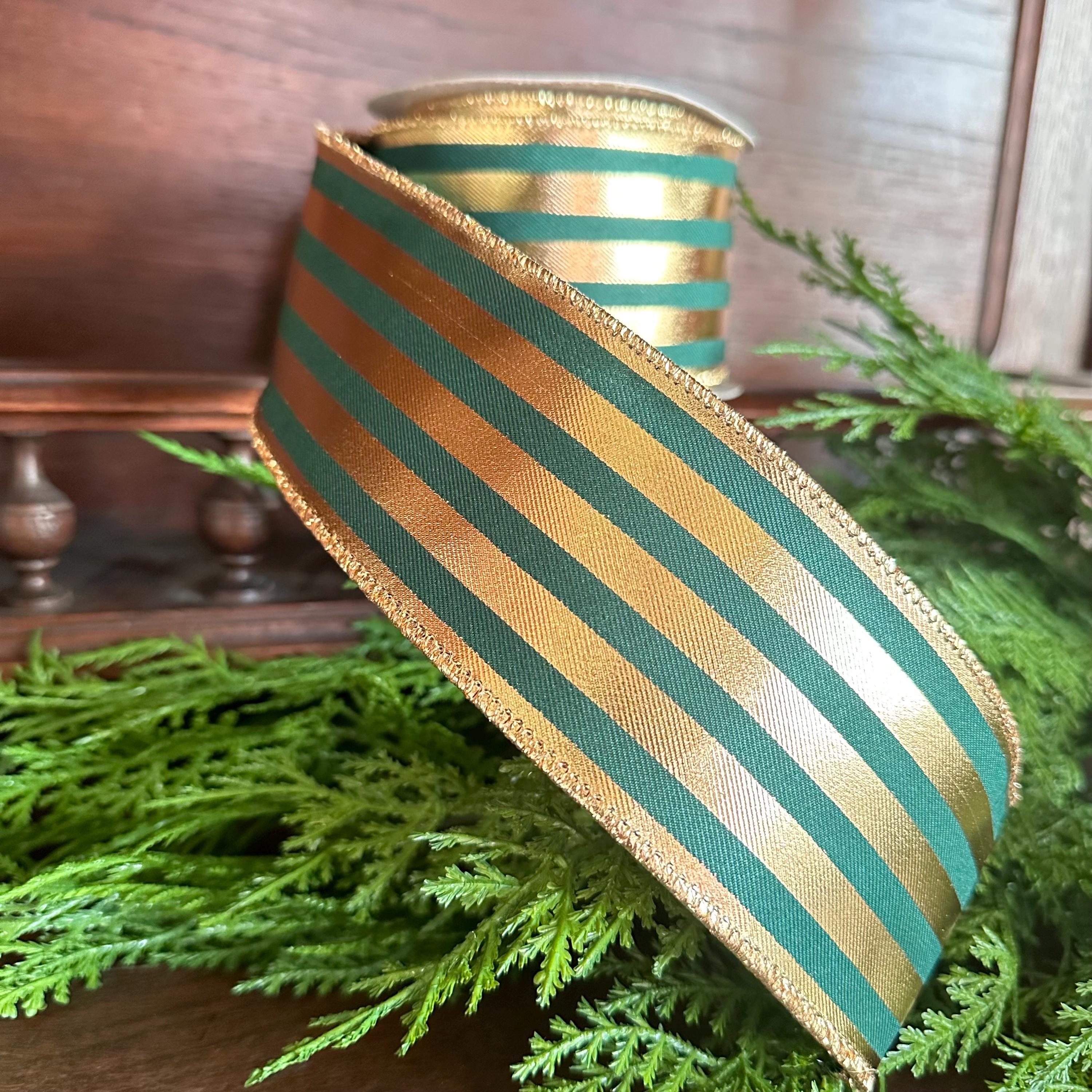 Green and Gold Striped Ribbon Christmas Ribbon Wired Edge ribbon Wreath Ribbon Floral Arrangement Ribbon Gift Wrapping Holiday Decor