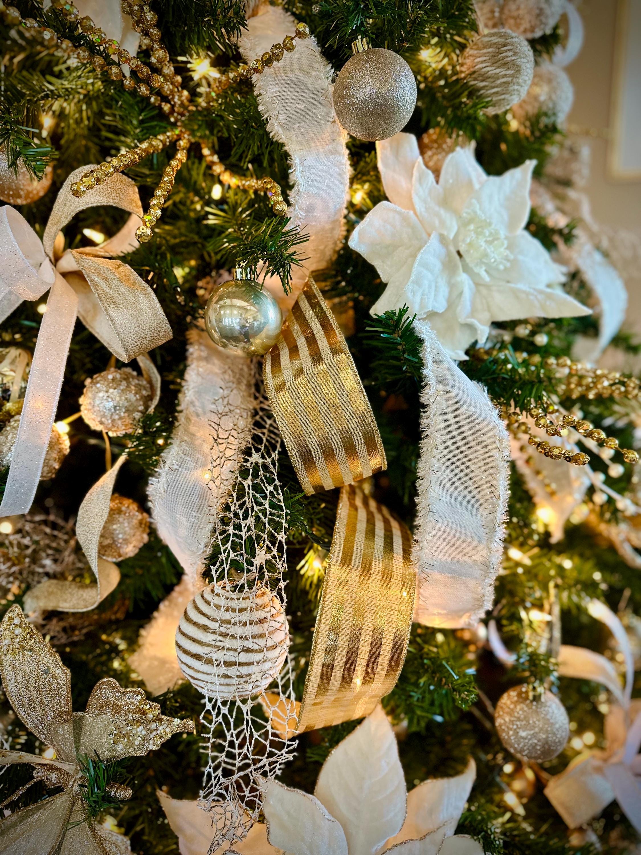 Gold Christmas Ribbon Wired Ribbon Christmas Tree Ribbon Wreath Ribbon Metallic Stripe Bow Making