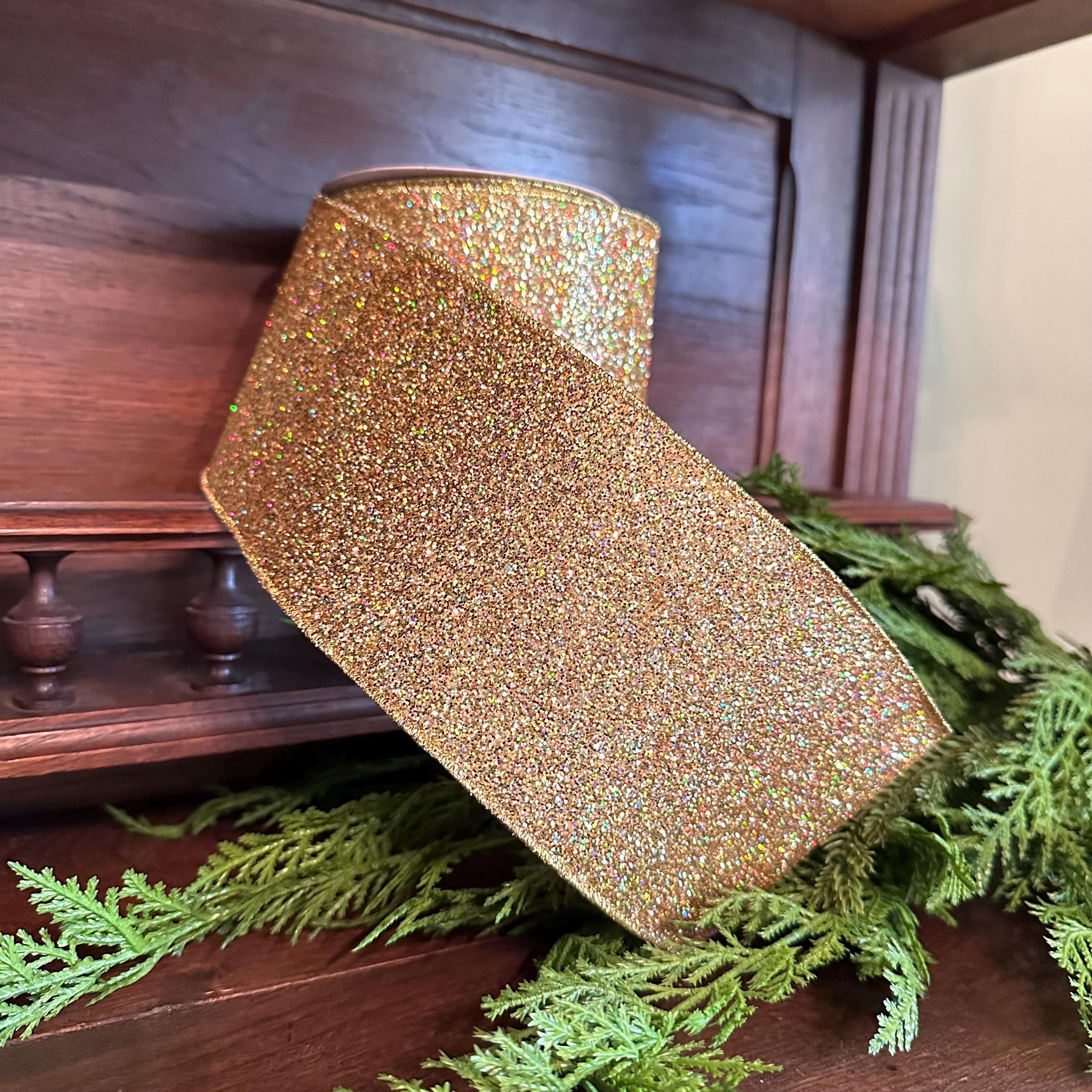 Gold Glitter Ribbon with Gold Edge Wired Ribbon for Christmas Ribbon Mardi Gras Holiday Decor Wreath Ribbon Christmas Gift Wrapping