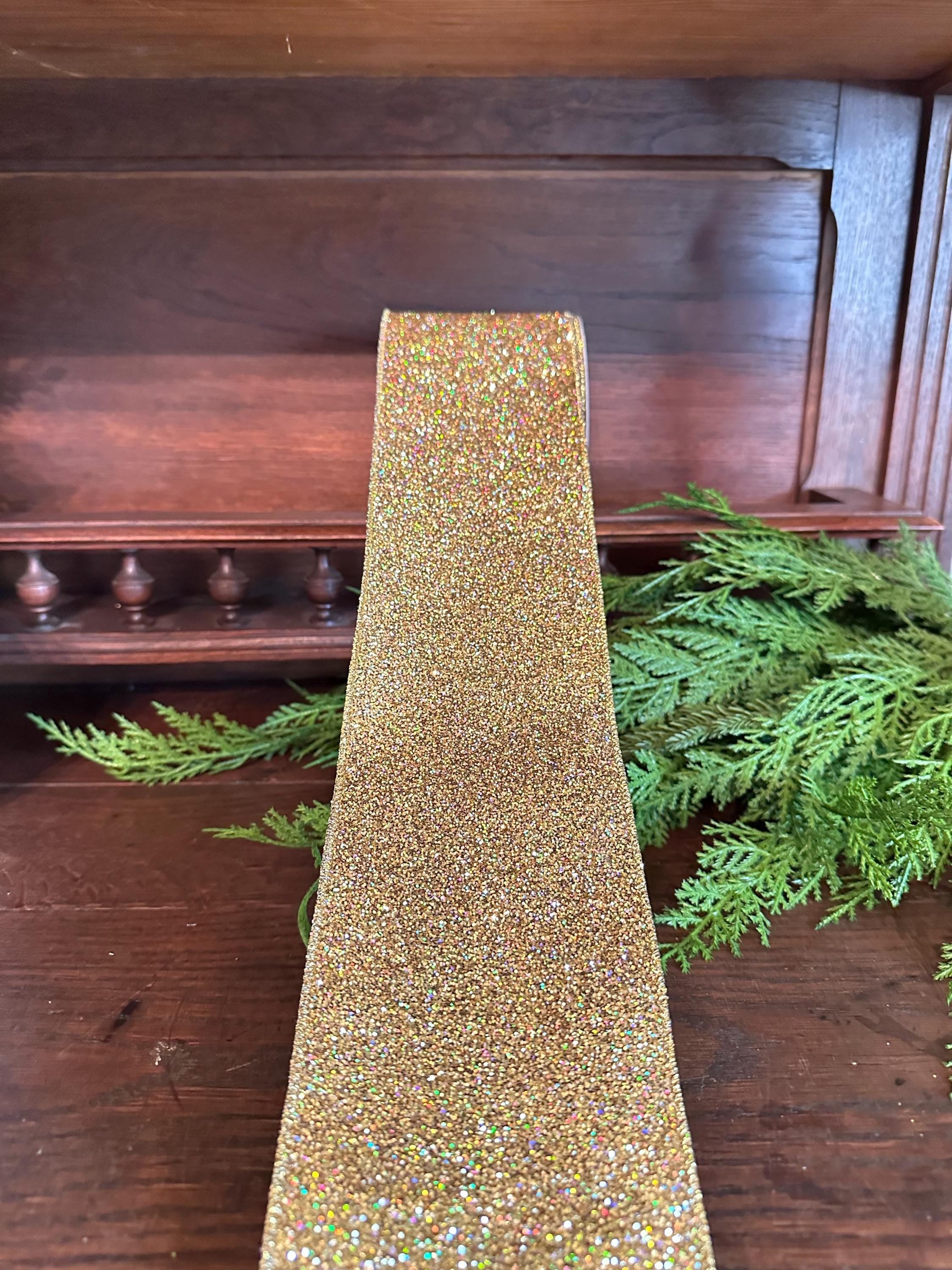 Gold Glitter Ribbon with Gold Edge Wired Ribbon for Christmas Ribbon Mardi Gras Holiday Decor Wreath Ribbon Christmas Gift Wrapping