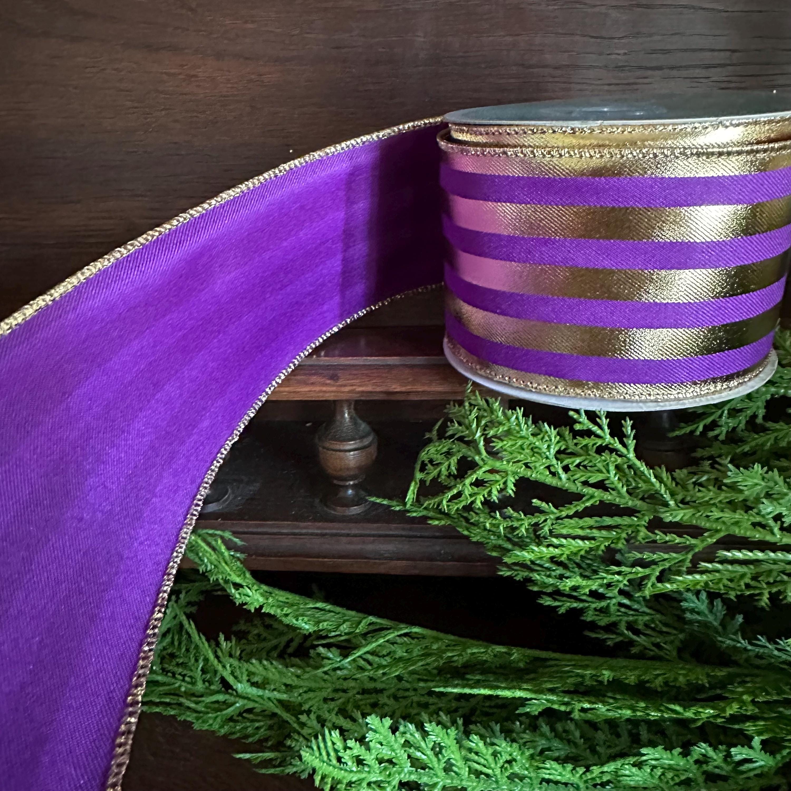 Purple Gold Metallic Stripe Wired Edge Ribbon Christmas Ribbon Fall Ribbon Vertical Stripe Ribbon for Bows Wreaths Holiday Decor Bow Making