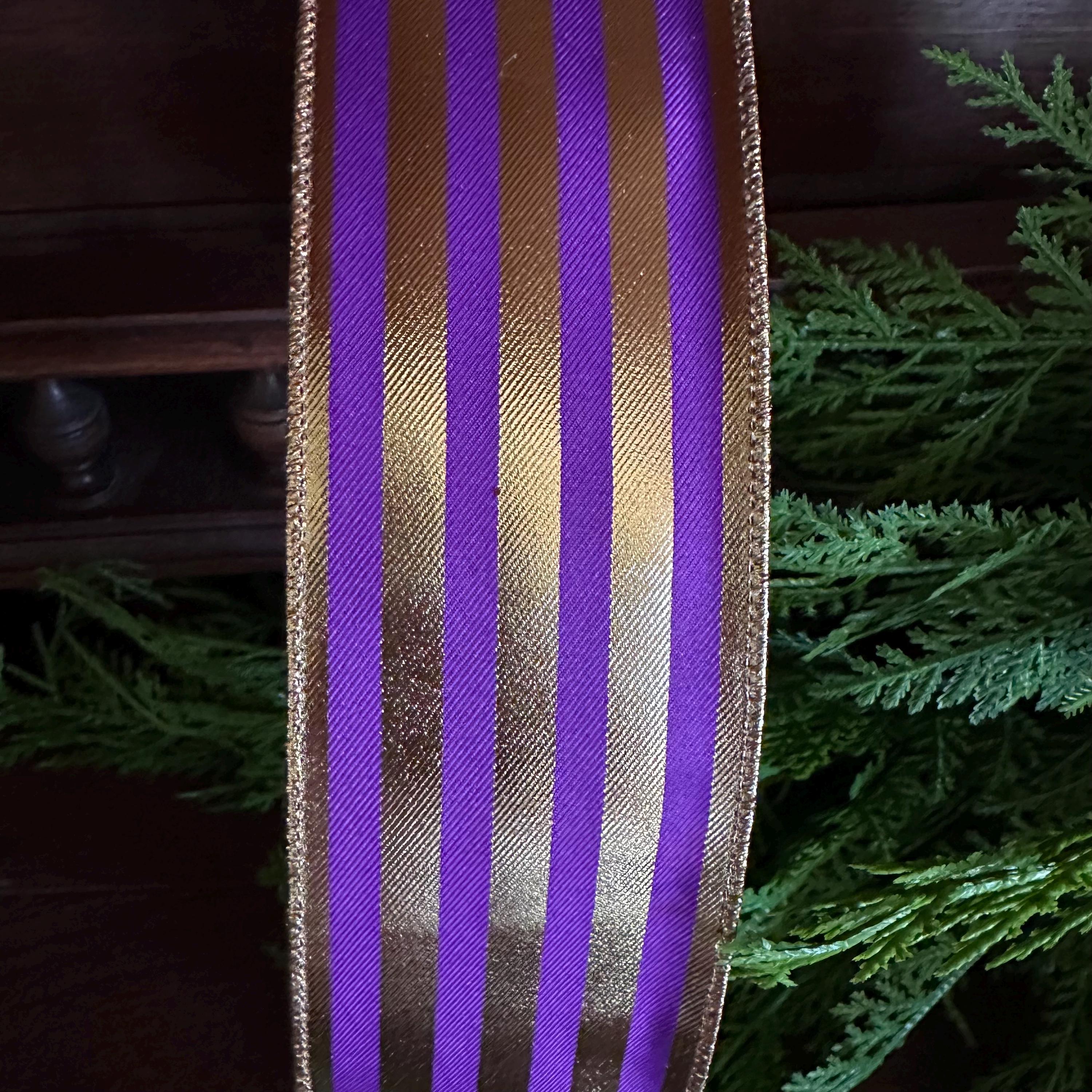 Purple Gold Metallic Stripe Wired Edge Ribbon Christmas Ribbon Fall Ribbon Vertical Stripe Ribbon for Bows Wreaths Holiday Decor Bow Making