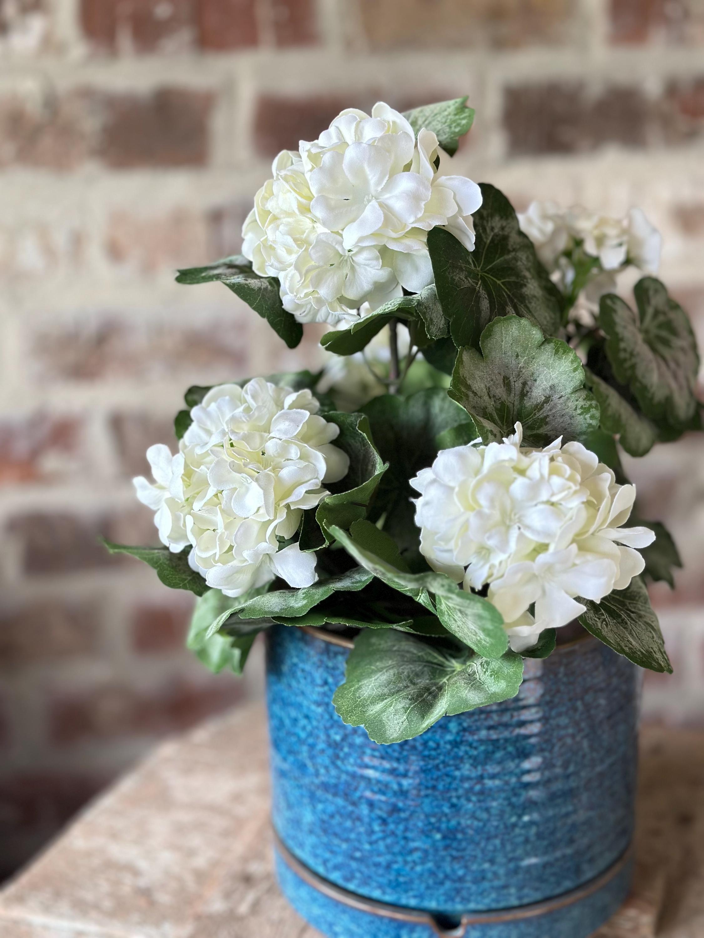 White Geranium Bush - Garden Decor, Porch Planter, Wreath Accent, Artificial White Flowers, center piece, floral arrangement, gift idea