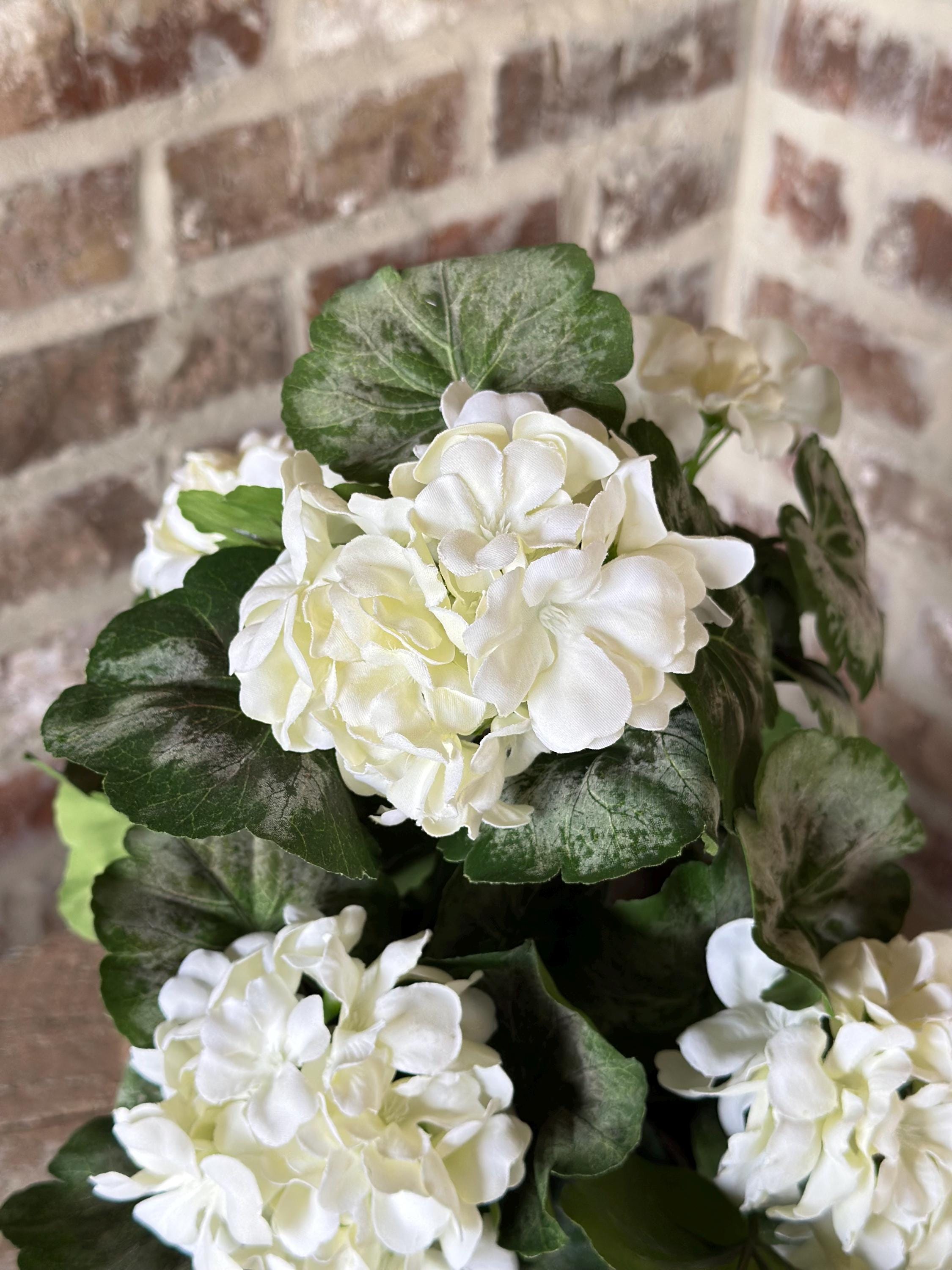 White Geranium Bush - Garden Decor, Porch Planter, Wreath Accent, Artificial White Flowers, center piece, floral arrangement, gift idea