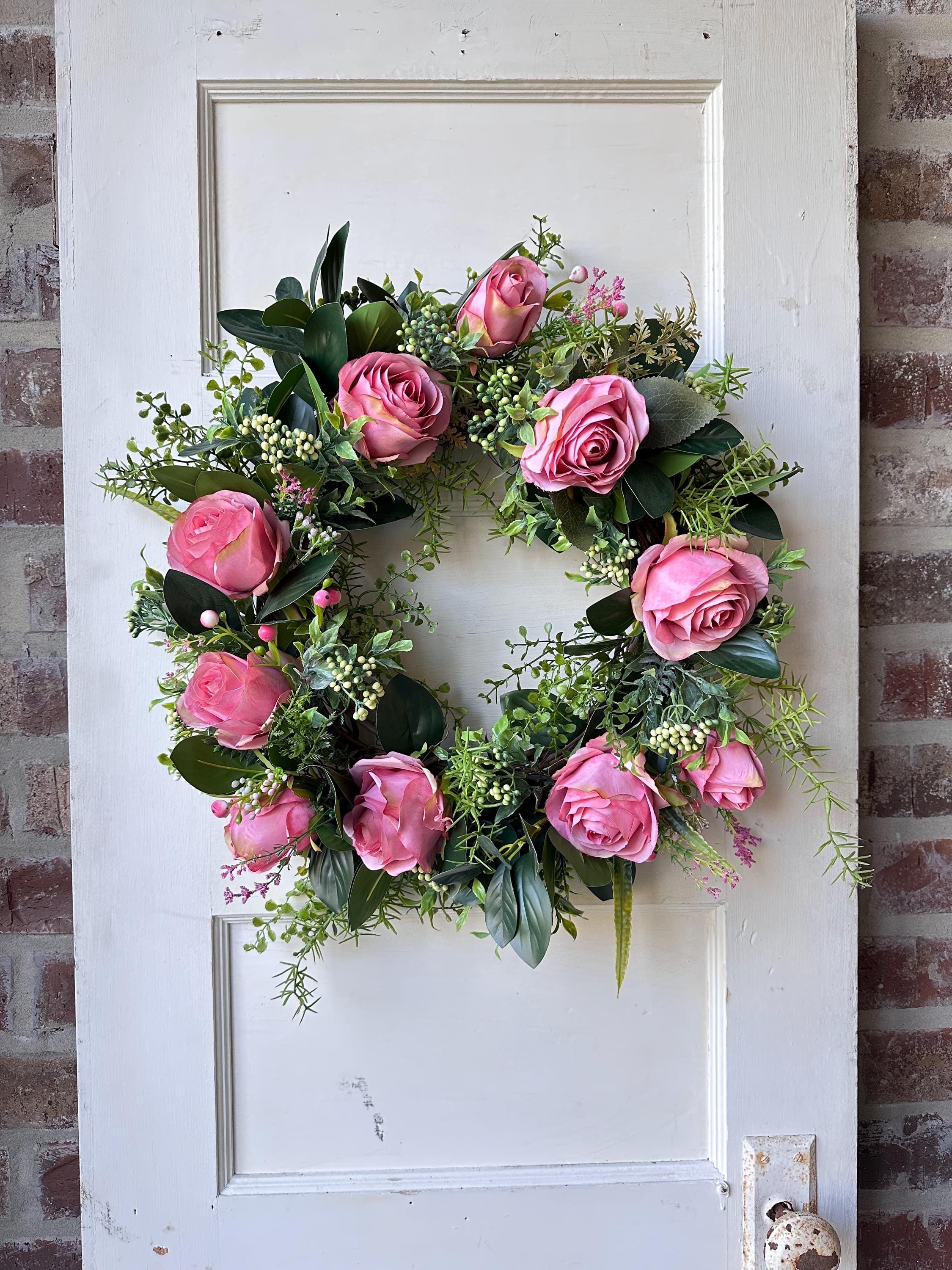 Pink Rose Wreath 20 Inch Front Door Wreath Spring Summer Floral Wreath Artificial Roses Greenery Wedding Decor Farmhouse Wall Hanging