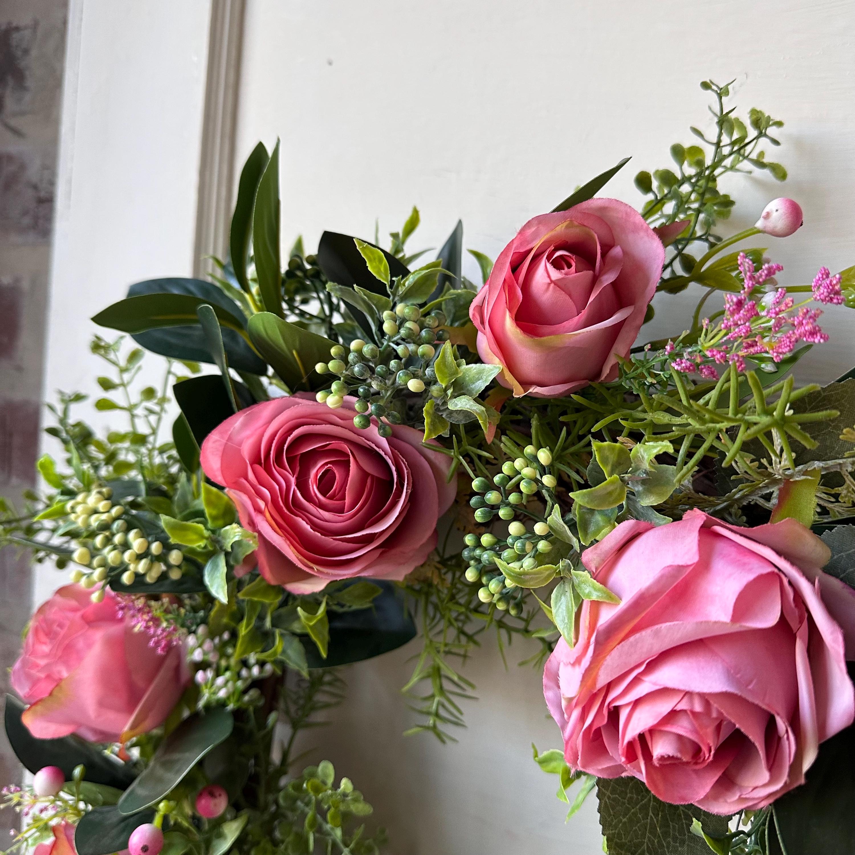 Pink Rose Wreath 20 Inch Front Door Wreath Spring Summer Floral Wreath Artificial Roses Greenery Wedding Decor Farmhouse Wall Hanging
