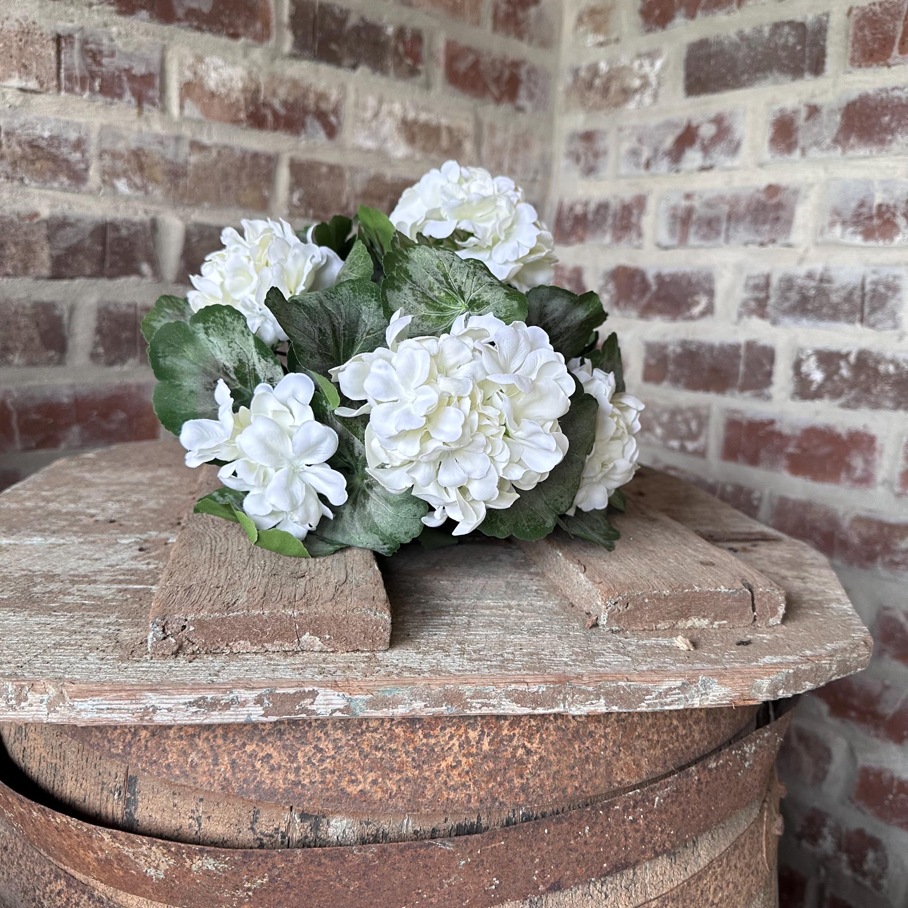 White Geranium Bush - Garden Decor, Porch Planter, Wreath Accent, Artificial White Flowers, center piece, floral arrangement, gift idea