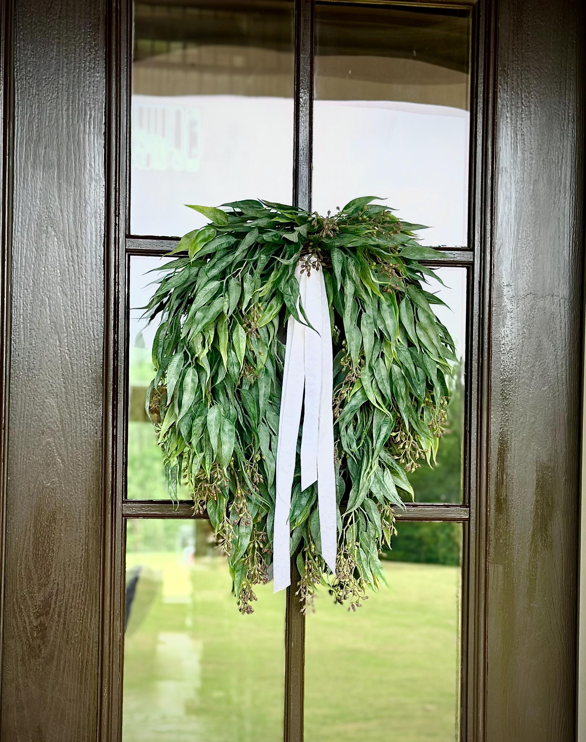 Modern Farmhouse Wreath Artificial Eucalyptus Leaves Premium Grapevine Base Construction Large Size Display Natural Looking Greenery Arrangement Beautiful Wall Accent Indoor Outdoor Versatile Hanging Design Elegant Entryway Style Year Round