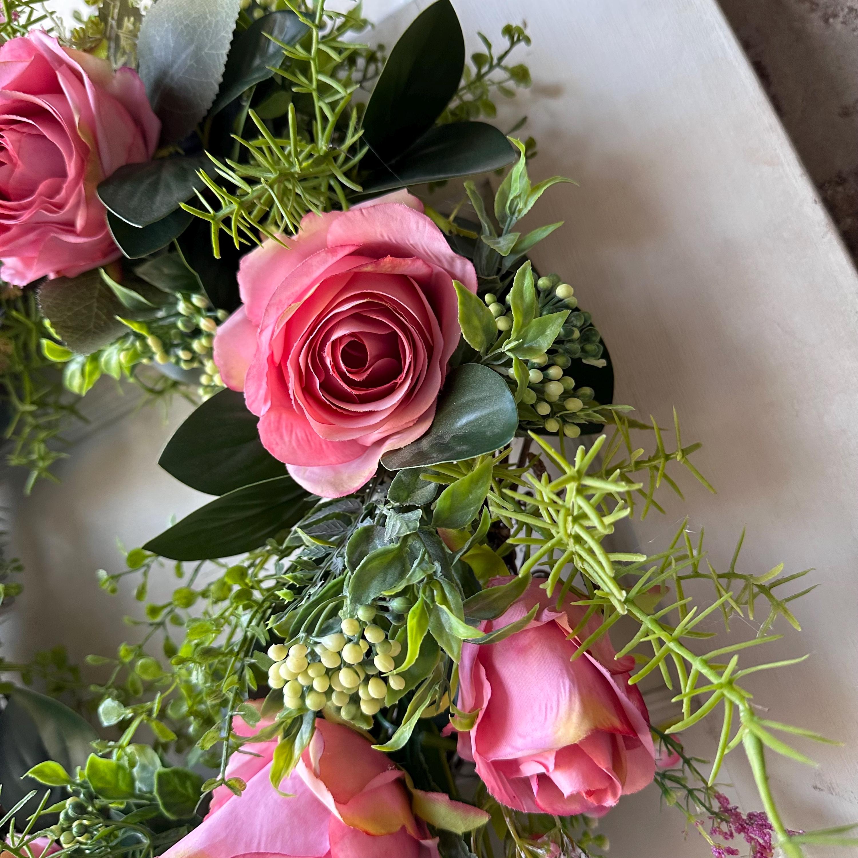 Pink Rose Wreath 20 Inch Front Door Wreath Spring Summer Floral Wreath Artificial Roses Greenery Wedding Decor Farmhouse Wall Hanging