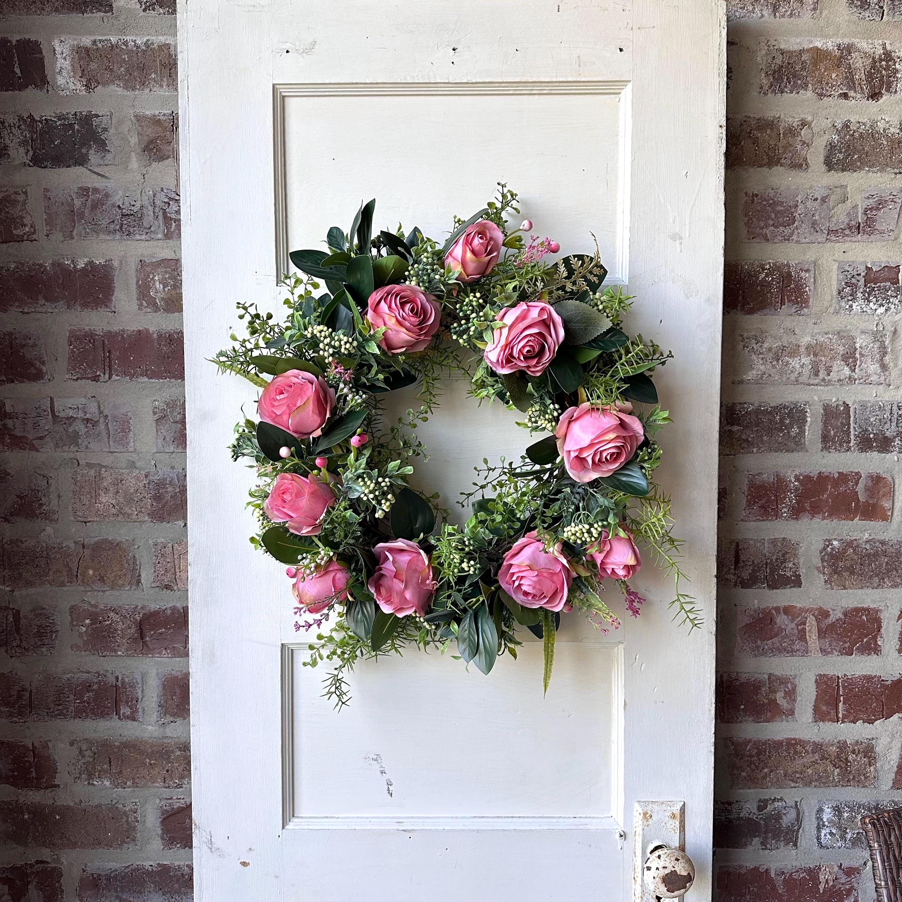 Pink Rose Wreath 20 Inch Front Door Wreath Spring Summer Floral Wreath Artificial Roses Greenery Wedding Decor Farmhouse Wall Hanging