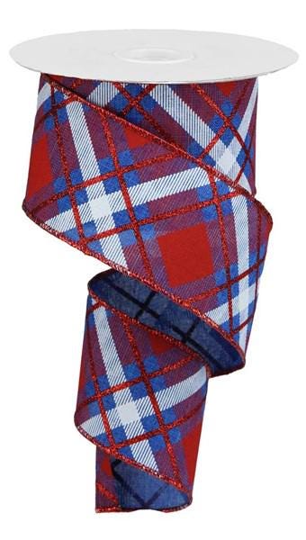 Plaid ribbon, Red White Blue Plaid, Wired Ribbon, 4th of July Decor, Craft Supply, Americana Decor, Summer Ribbon, gift wrapping