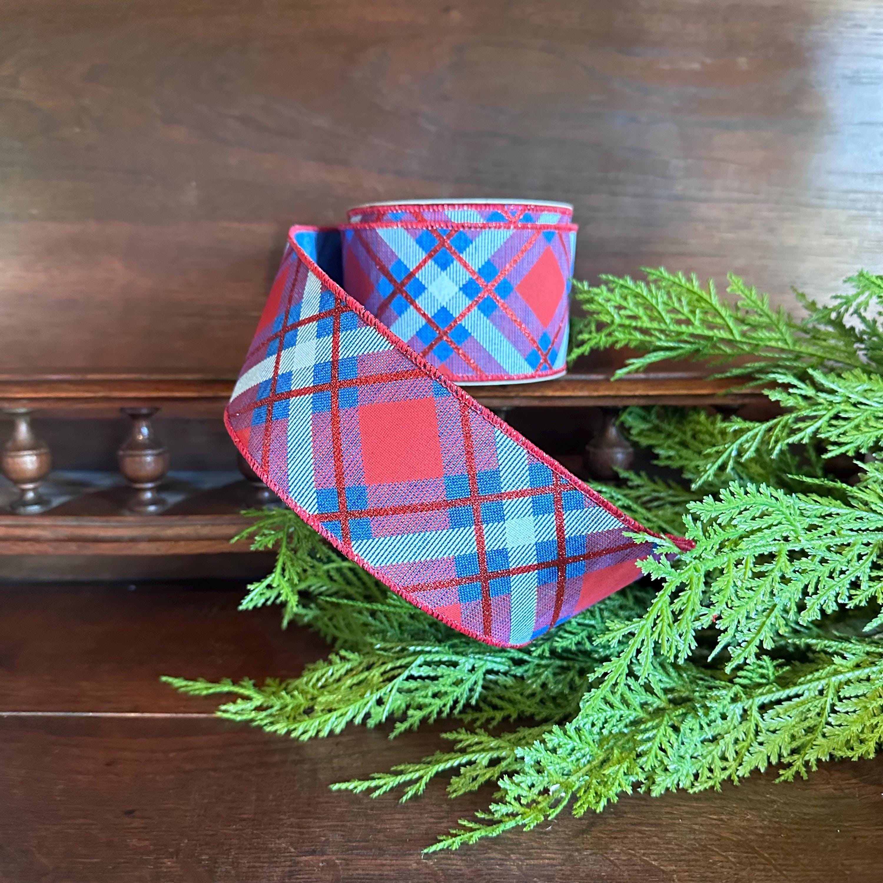Plaid ribbon, Red White Blue Plaid, Wired Ribbon, 4th of July Decor, Craft Supply, Americana Decor, Summer Ribbon, gift wrapping