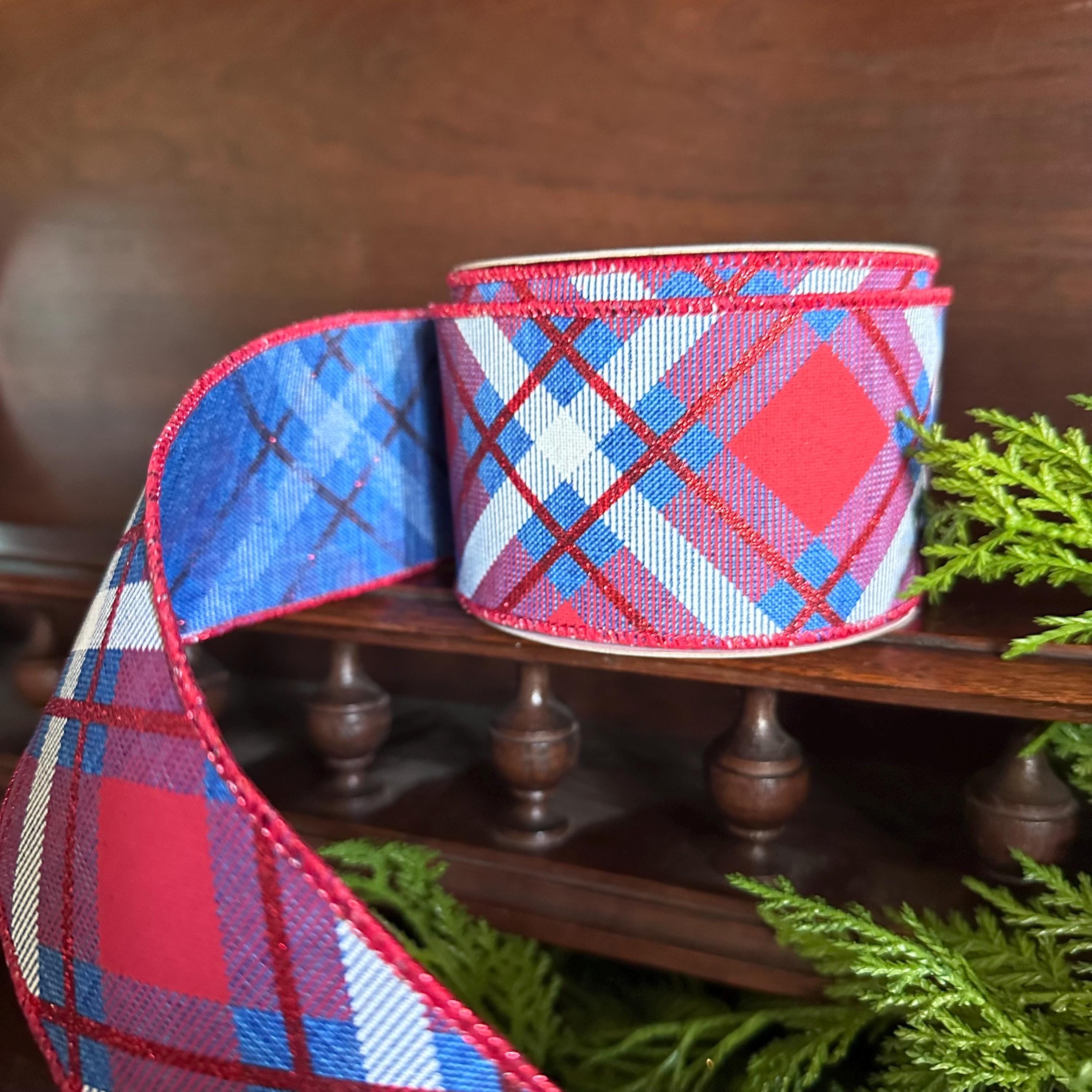 Plaid ribbon, Red White Blue Plaid, Wired Ribbon, 4th of July Decor, Craft Supply, Americana Decor, Summer Ribbon, gift wrapping
