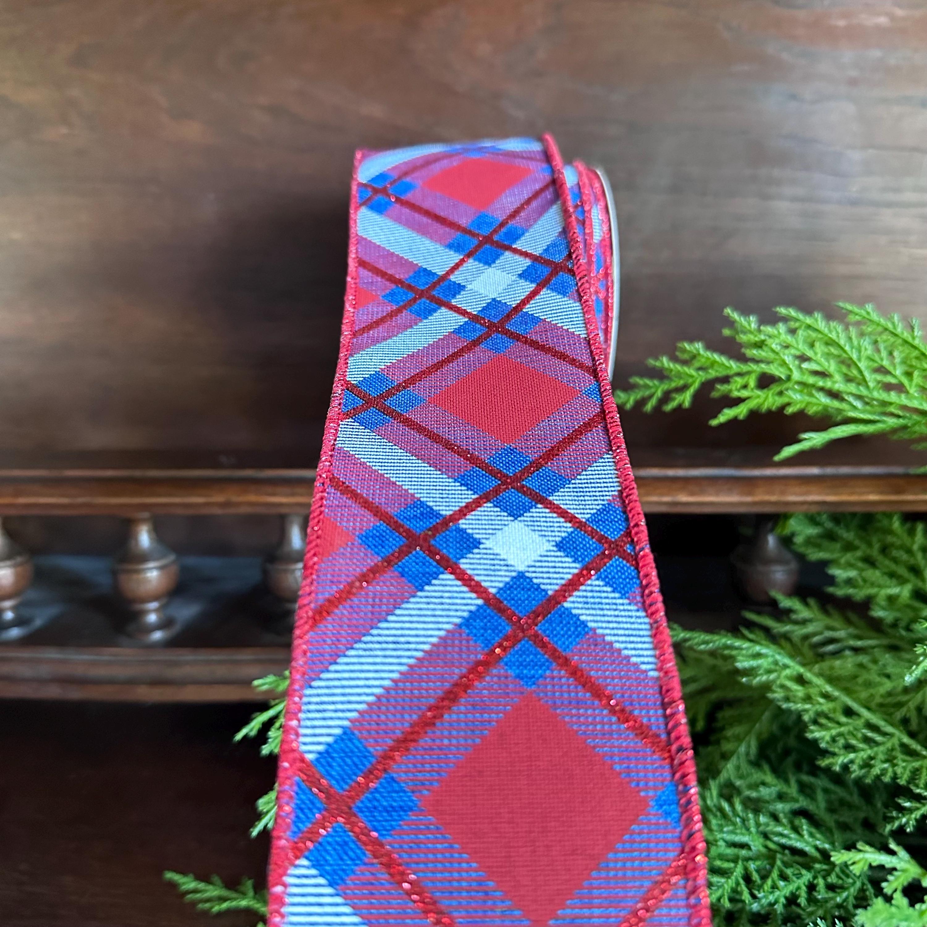Plaid ribbon, Red White Blue Plaid, Wired Ribbon, 4th of July Decor, Craft Supply, Americana Decor, Summer Ribbon, gift wrapping