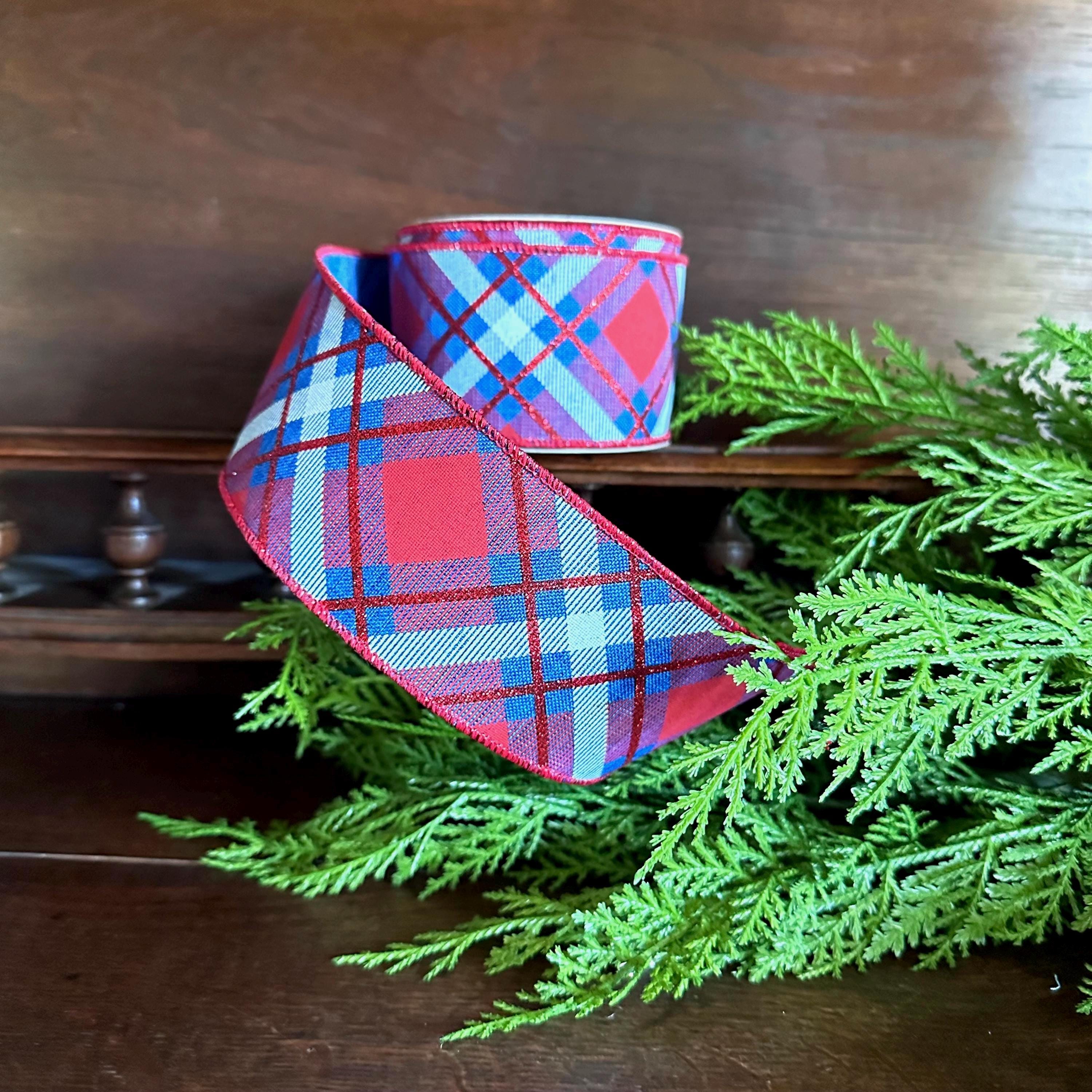 Plaid ribbon, Red White Blue Plaid, Wired Ribbon, 4th of July Decor, Craft Supply, Americana Decor, Summer Ribbon, gift wrapping