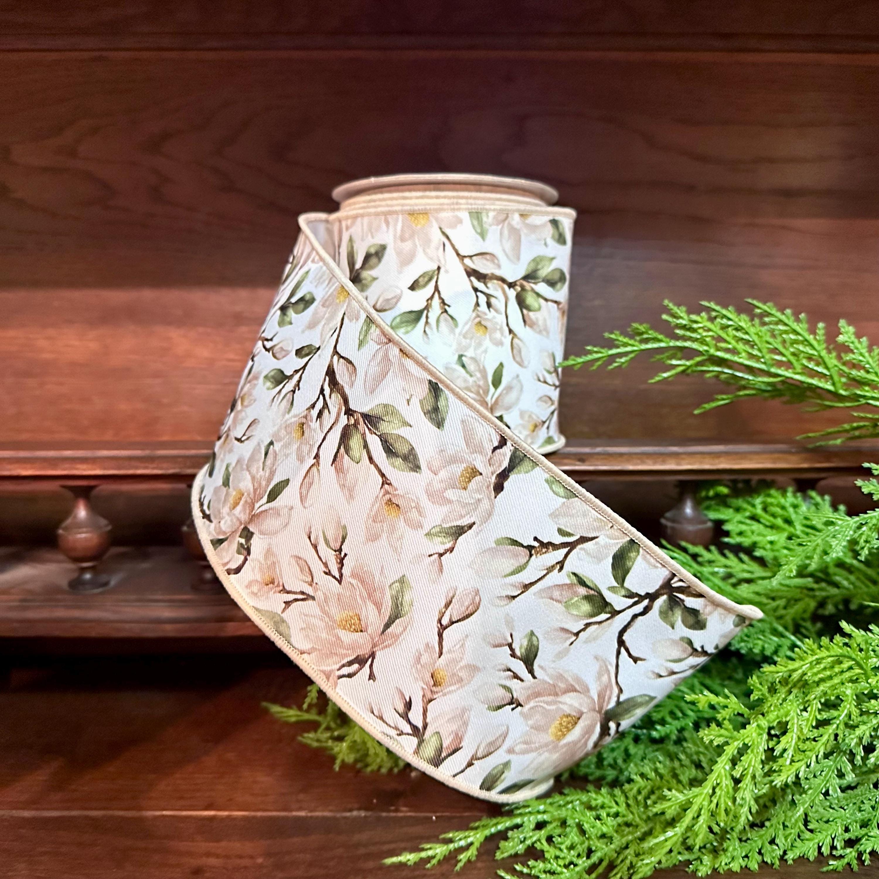 Designer Magnolia Floral Wired Ribbon, Soft Neutral Flower Ribbon for Wreaths and Décor 4"x 10yds