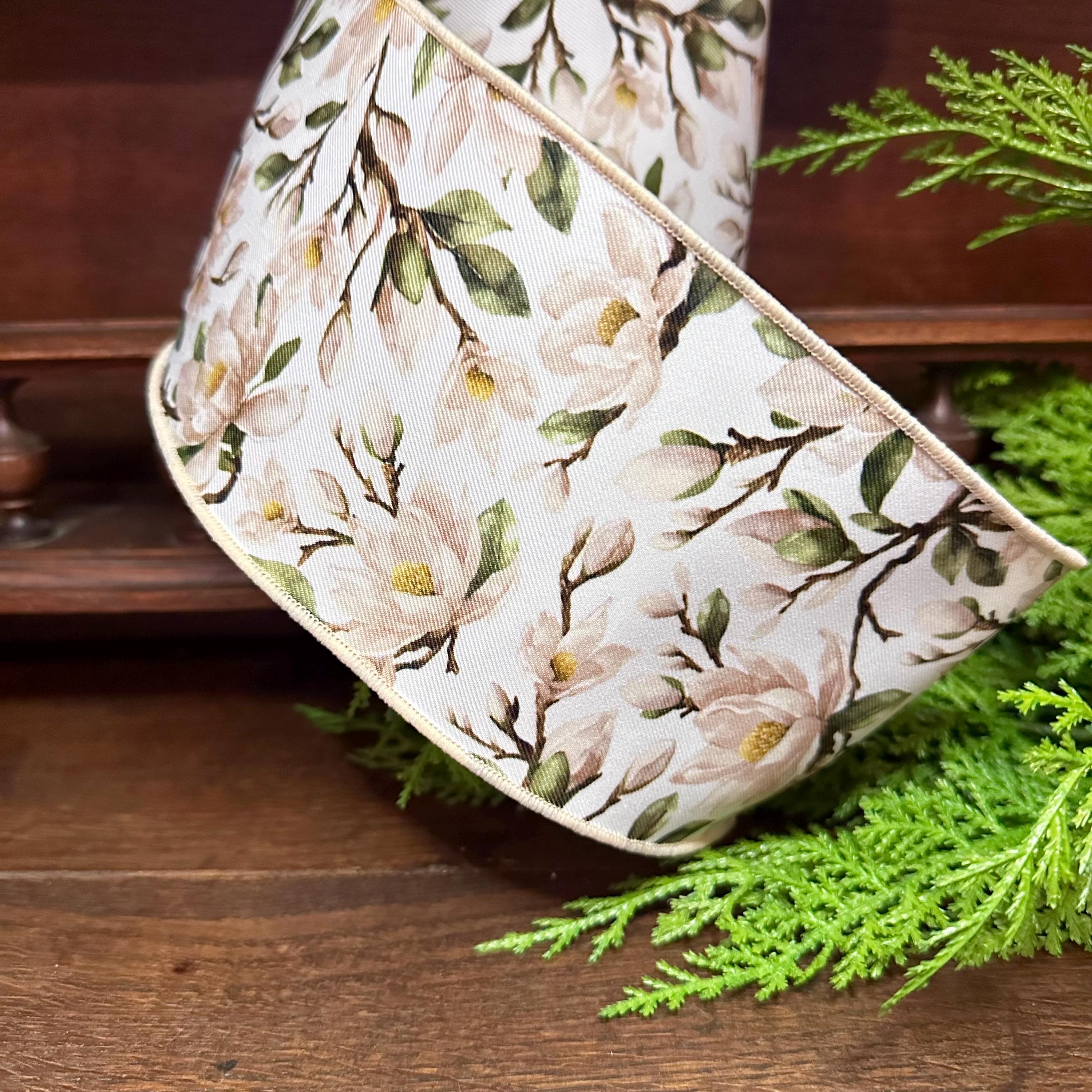 Designer Magnolia Floral Wired Ribbon, Soft Neutral Flower Ribbon for Wreaths and Décor 4"x 10yds