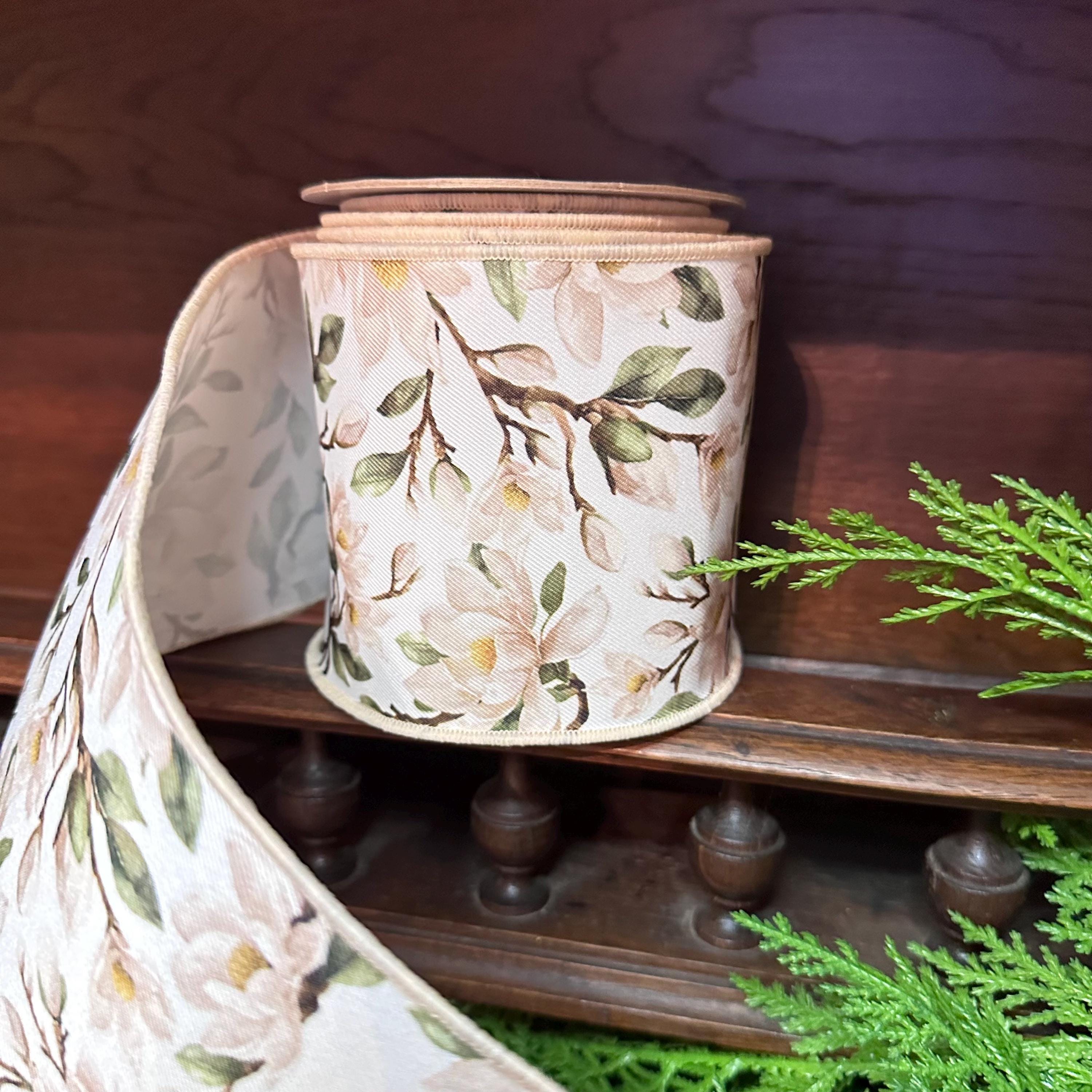 Designer Magnolia Floral Wired Ribbon, Soft Neutral Flower Ribbon for Wreaths and Décor 4"x 10yds
