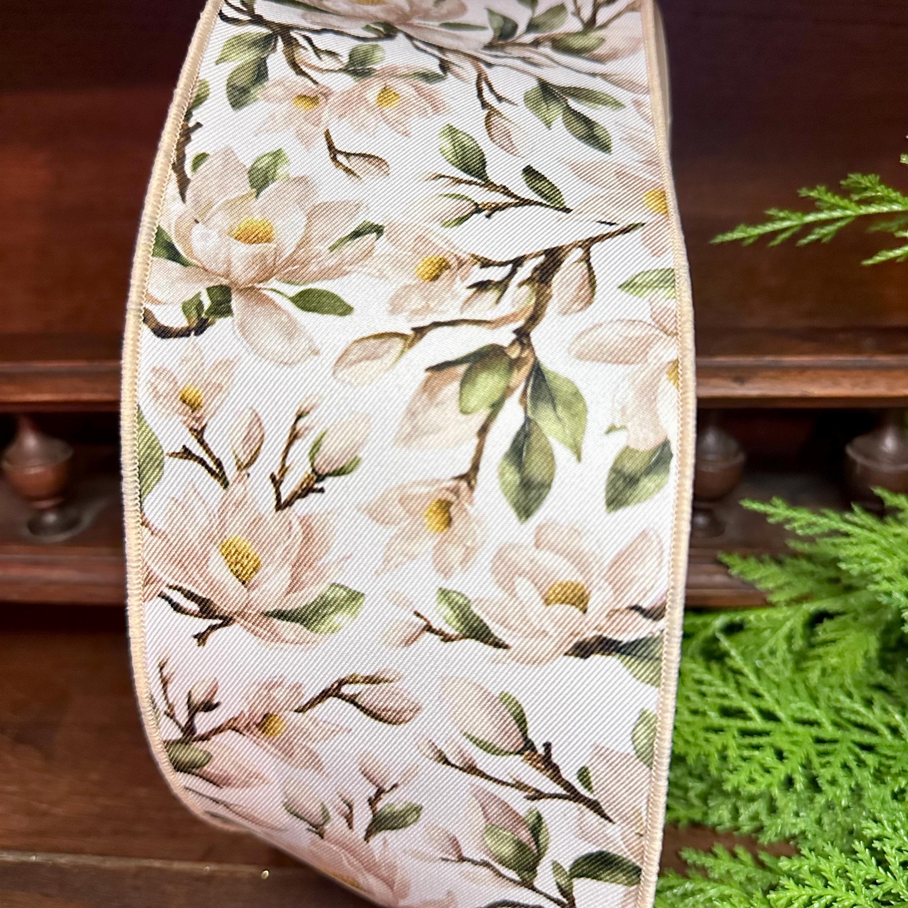 Designer Magnolia Floral Wired Ribbon, Soft Neutral Flower Ribbon for Wreaths and Décor 4"x 10yds